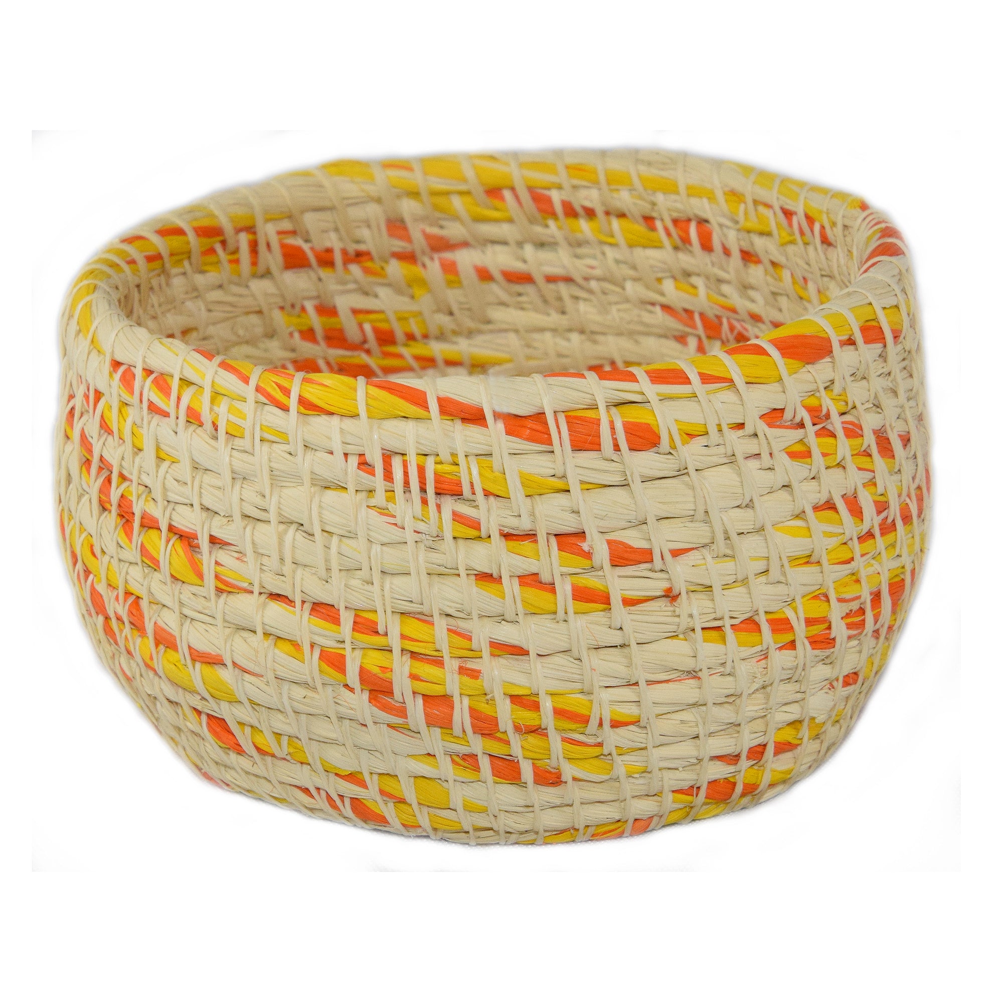 White chambira woven pots colored swirls with open top - handmade by Peruvian artisan - Amazon Ecology