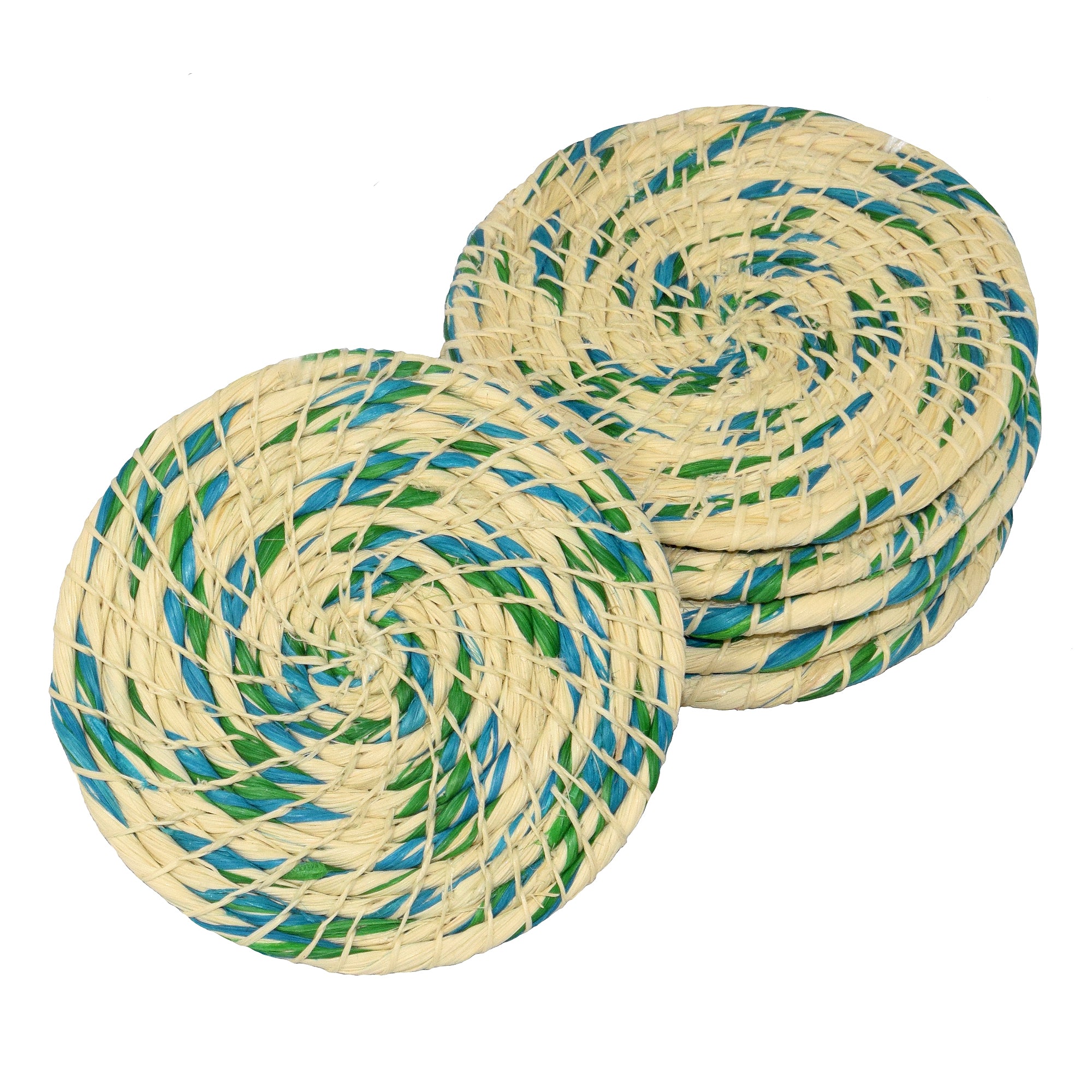 Chambira woven coasters with colored swirl- handmade by Peruvian artisans - Amazon Ecology