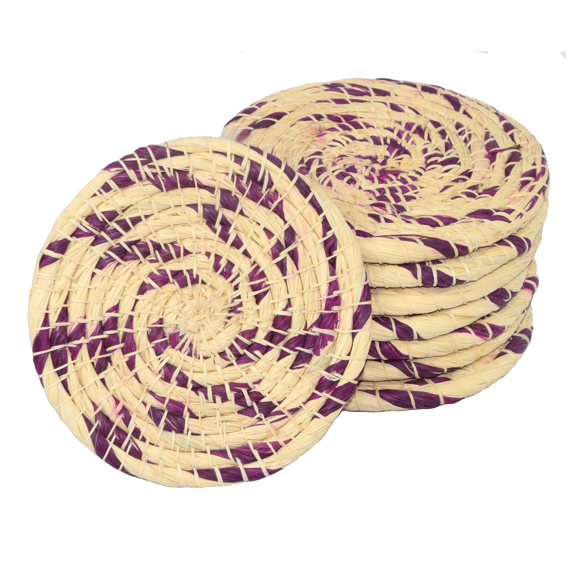 Chambira woven coasters with colored swirl- handmade by Peruvian artisans - Amazon Ecology