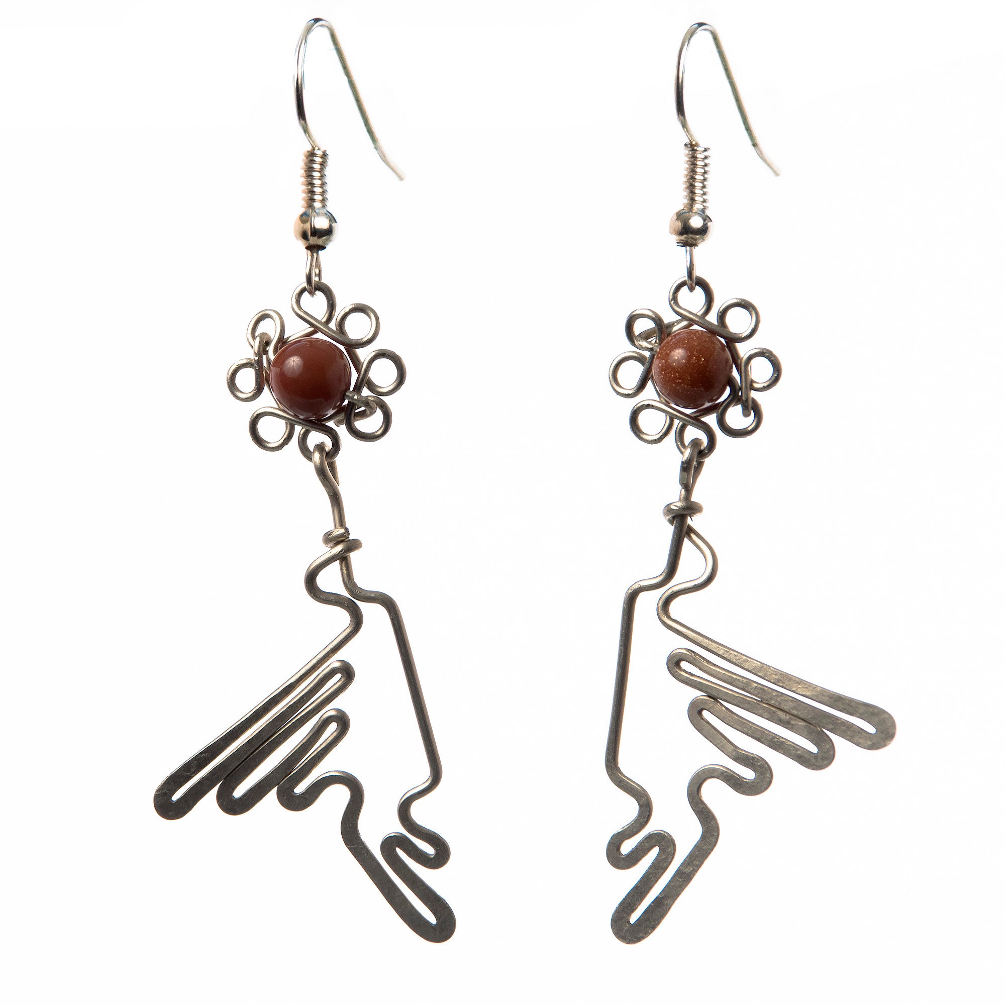 Silver Wire Dove Earrings, with Huayruru & Golden Rain Accents - Amazon Ecology