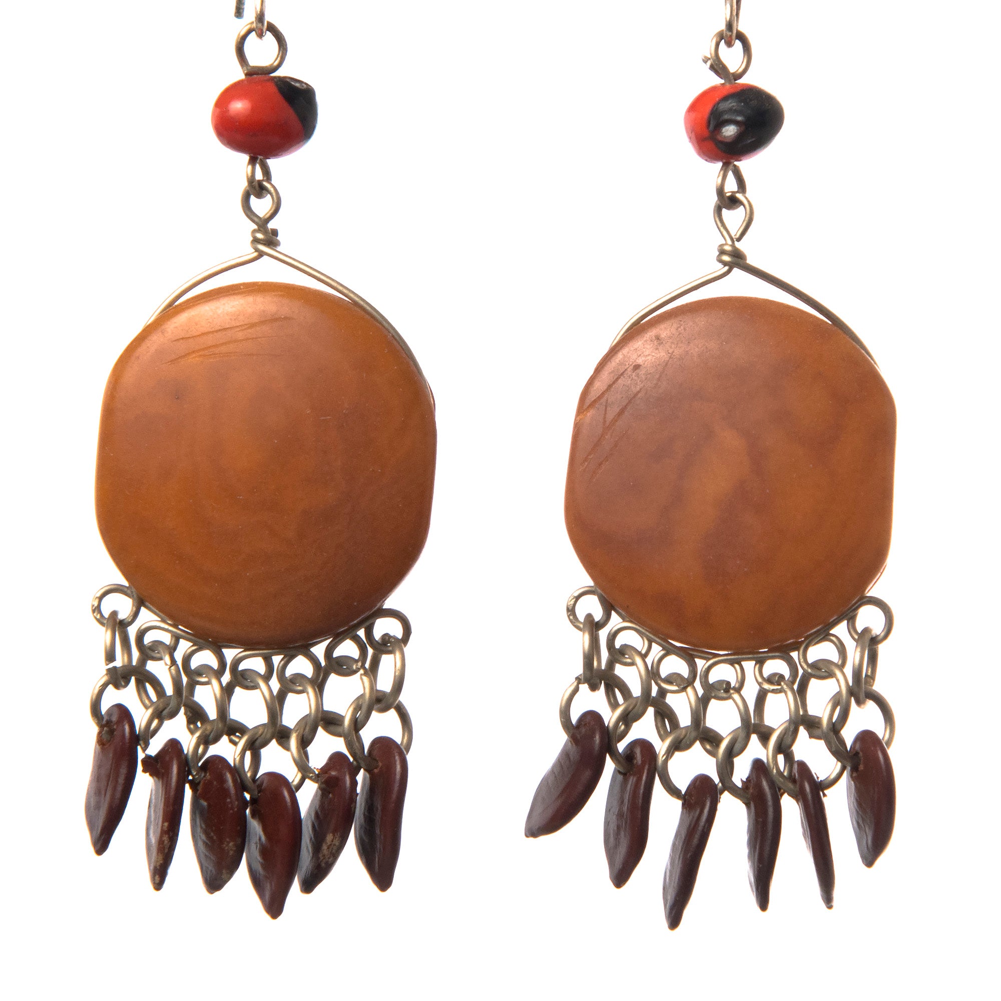 Brown tagua palm nut disk Earrings with Watermelon Seed Dangles - made by Peruvian Amazon artisan - Amazon Ecology