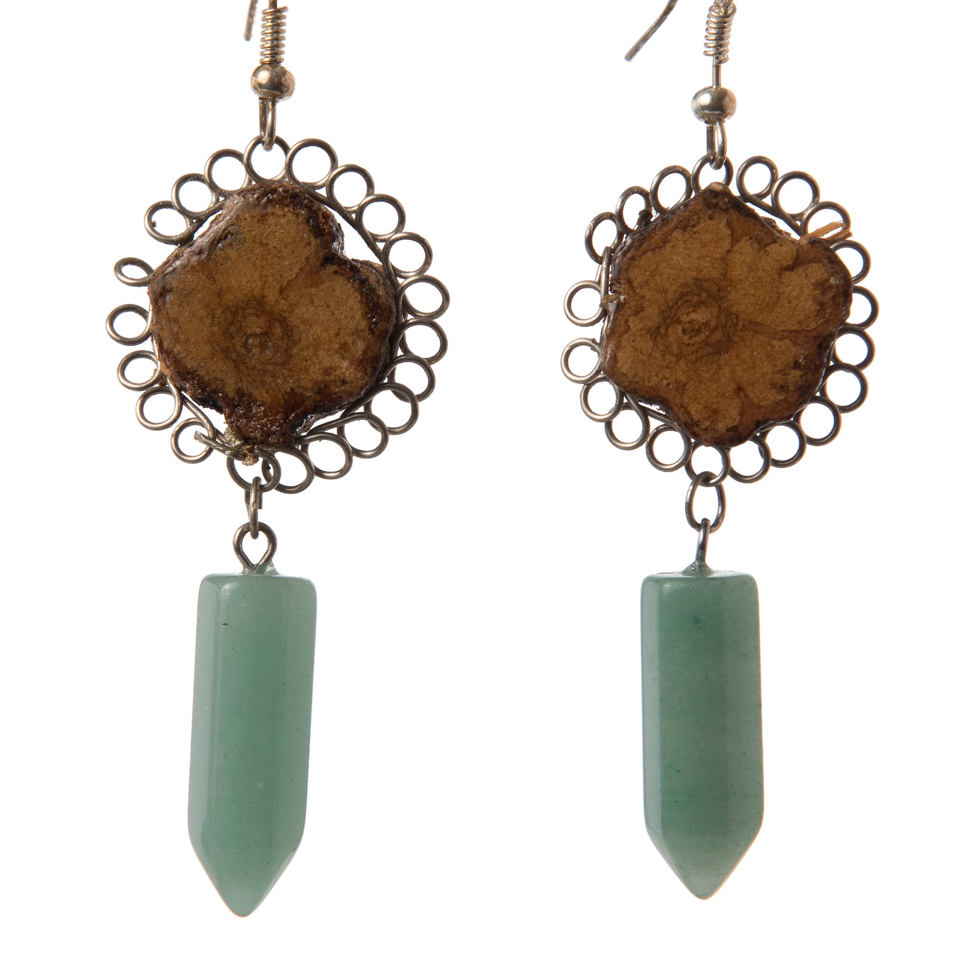 Ayahuasca vine earrings in silver wire flowers with stone pendants - made by Peruvian Amazon artisan - Amazon Ecology