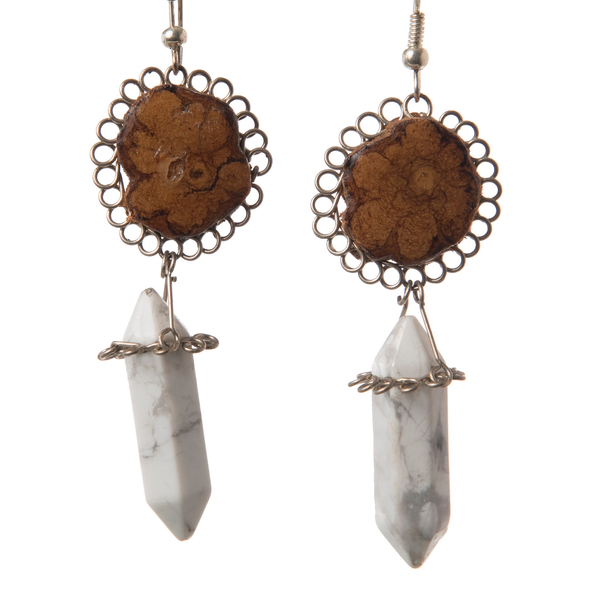 Ayahuasca vine earrings in silver wire flowers with stone pendants - made by Peruvian Amazon artisan - Amazon Ecology