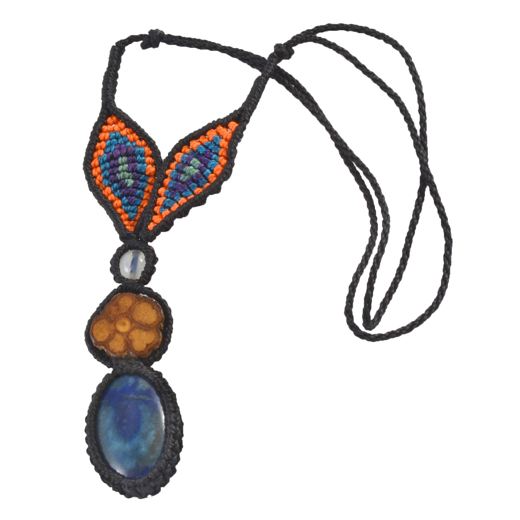 Ayahuasca vine and lapis lazuli macrame necklace with woven leaves - Amazon Ecology