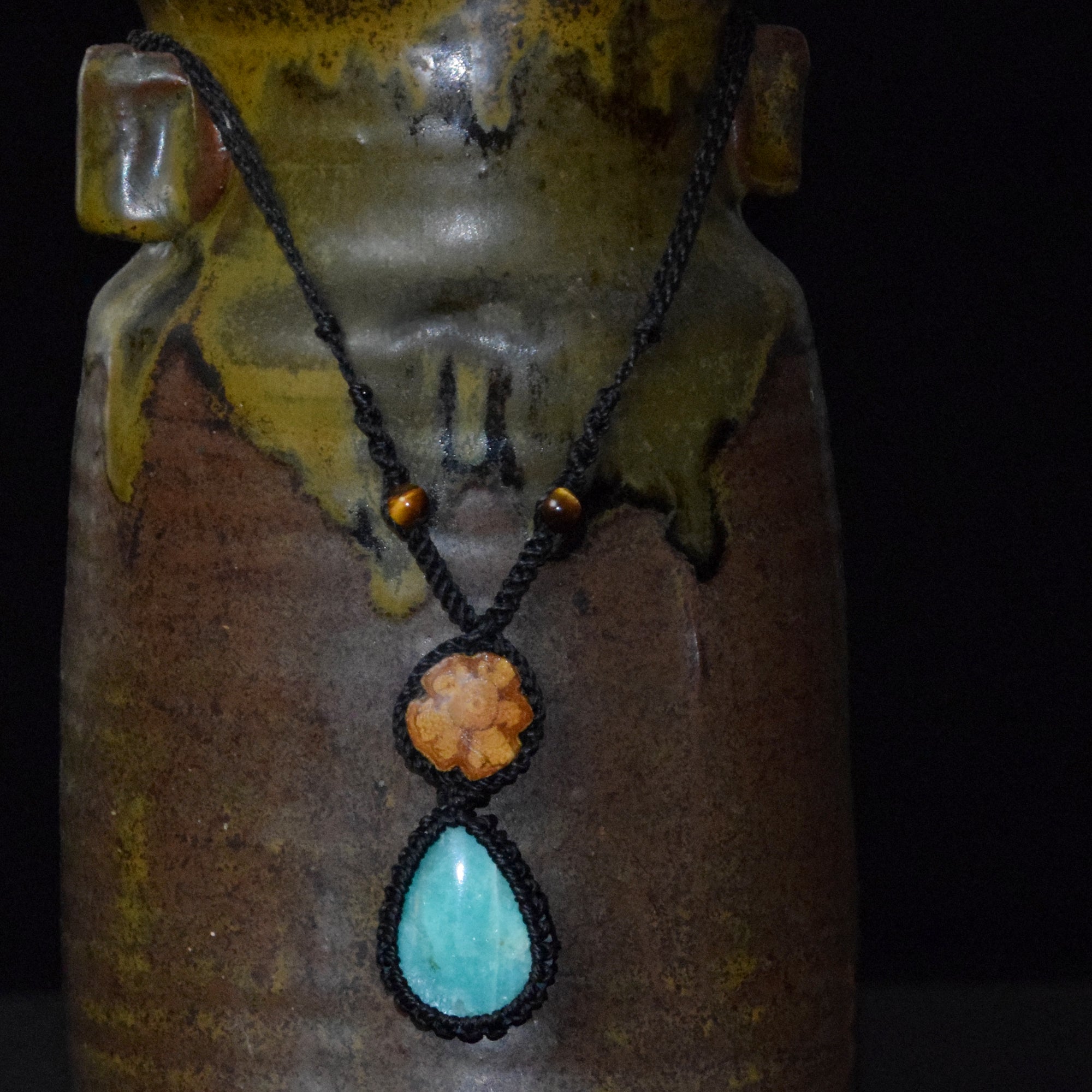 Ayahuasca vine and aquamarine Amazonite macrame necklace - Amazon Ecology