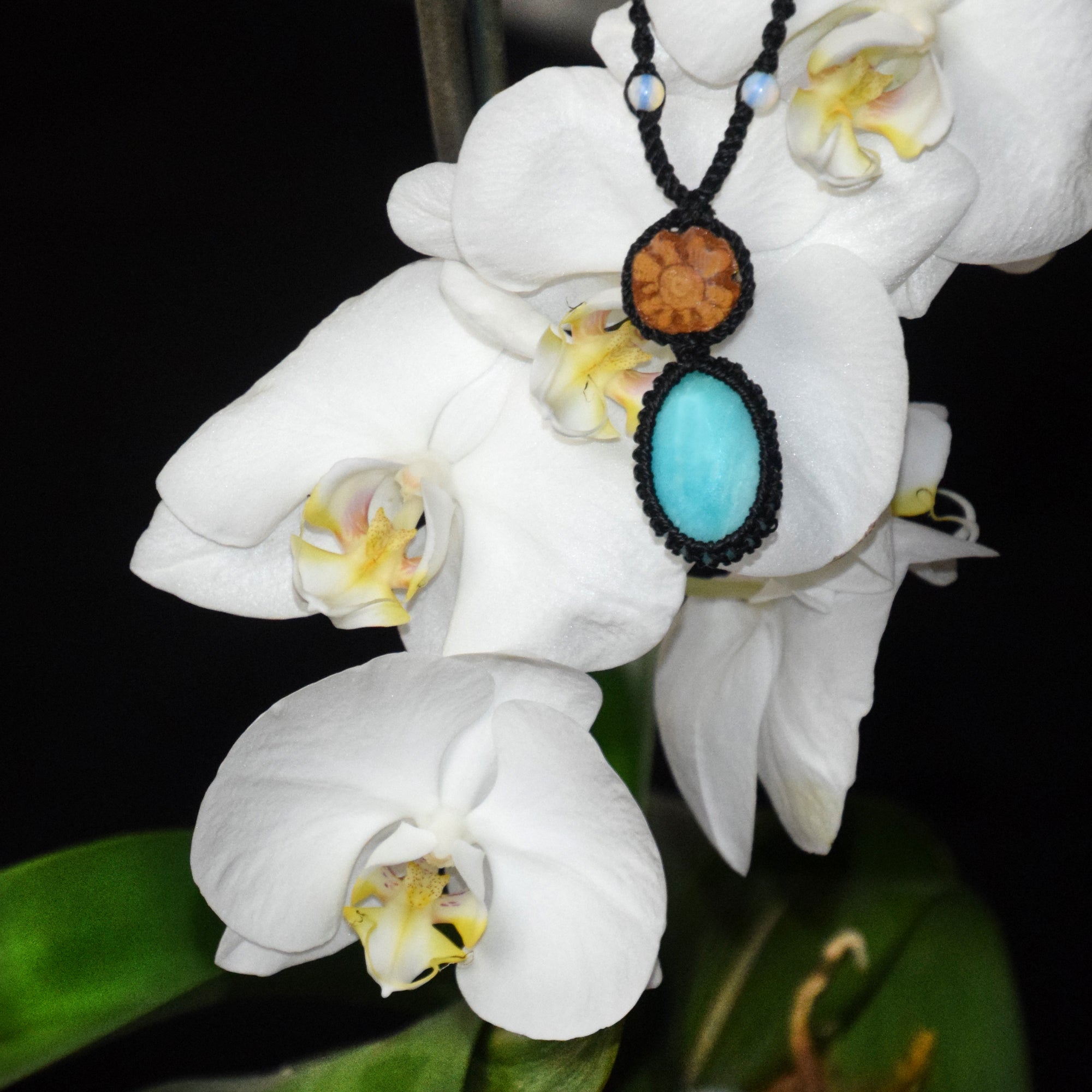 Ayahuasca vine and aquamarine Amazonite macrame necklace - Amazon Ecology