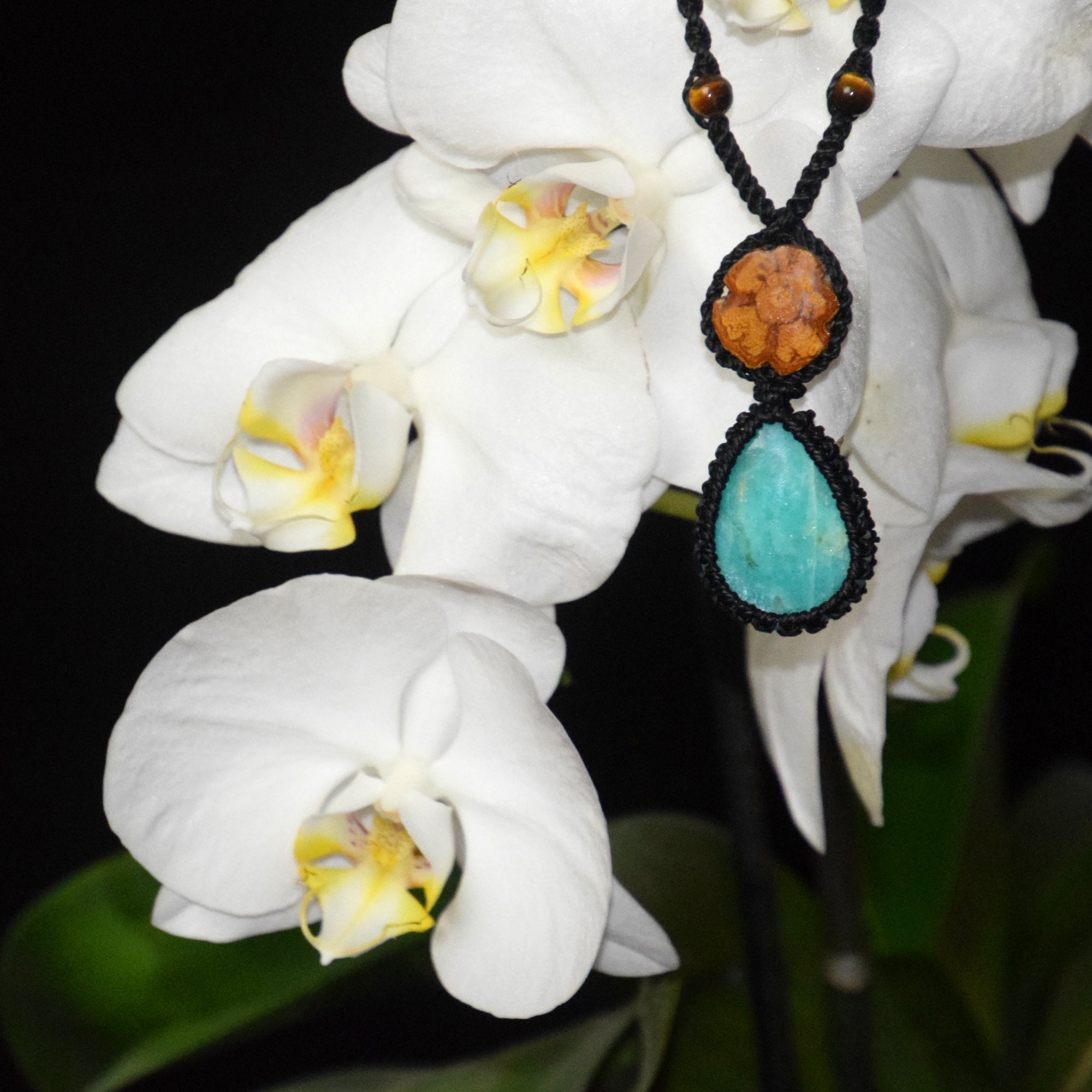 Ayahuasca vine and aquamarine Amazonite macrame necklace - Amazon Ecology