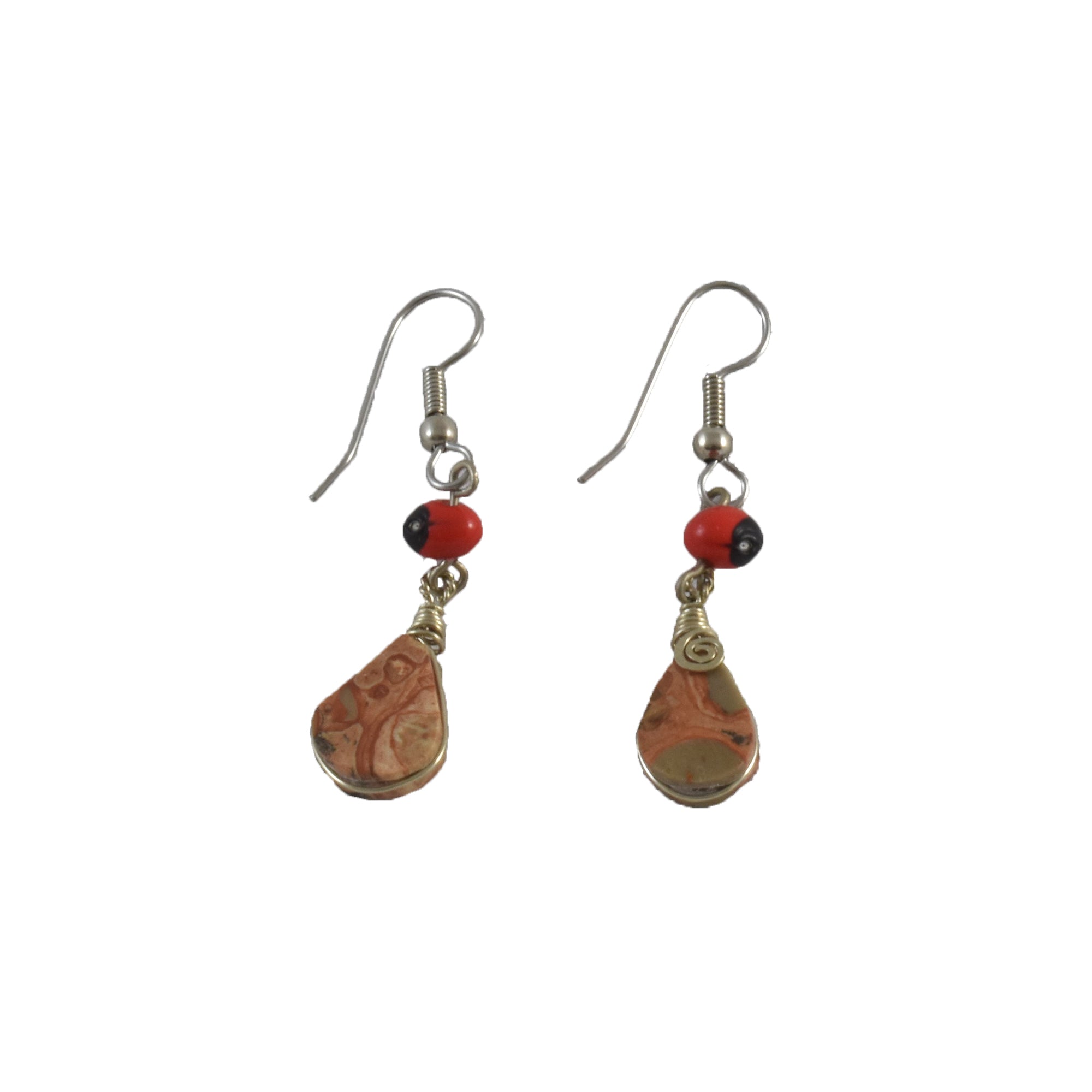 Opalite, Leopard Jasper, and Huayruru Bead Teardrop Dangling Earrings - Amazon Ecology