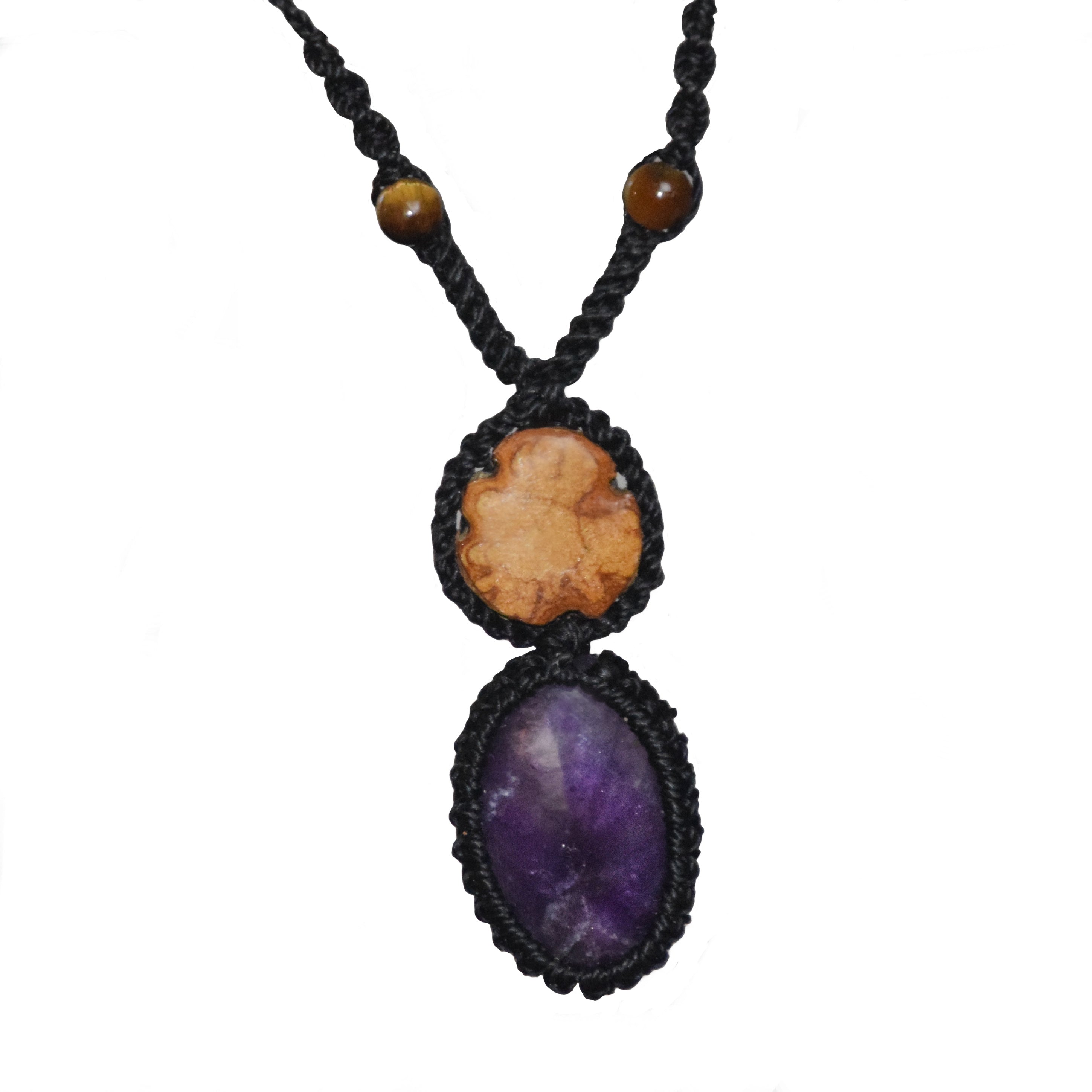 Ayahuasca vine and purple amethyst macrame necklace - Amazon Ecology