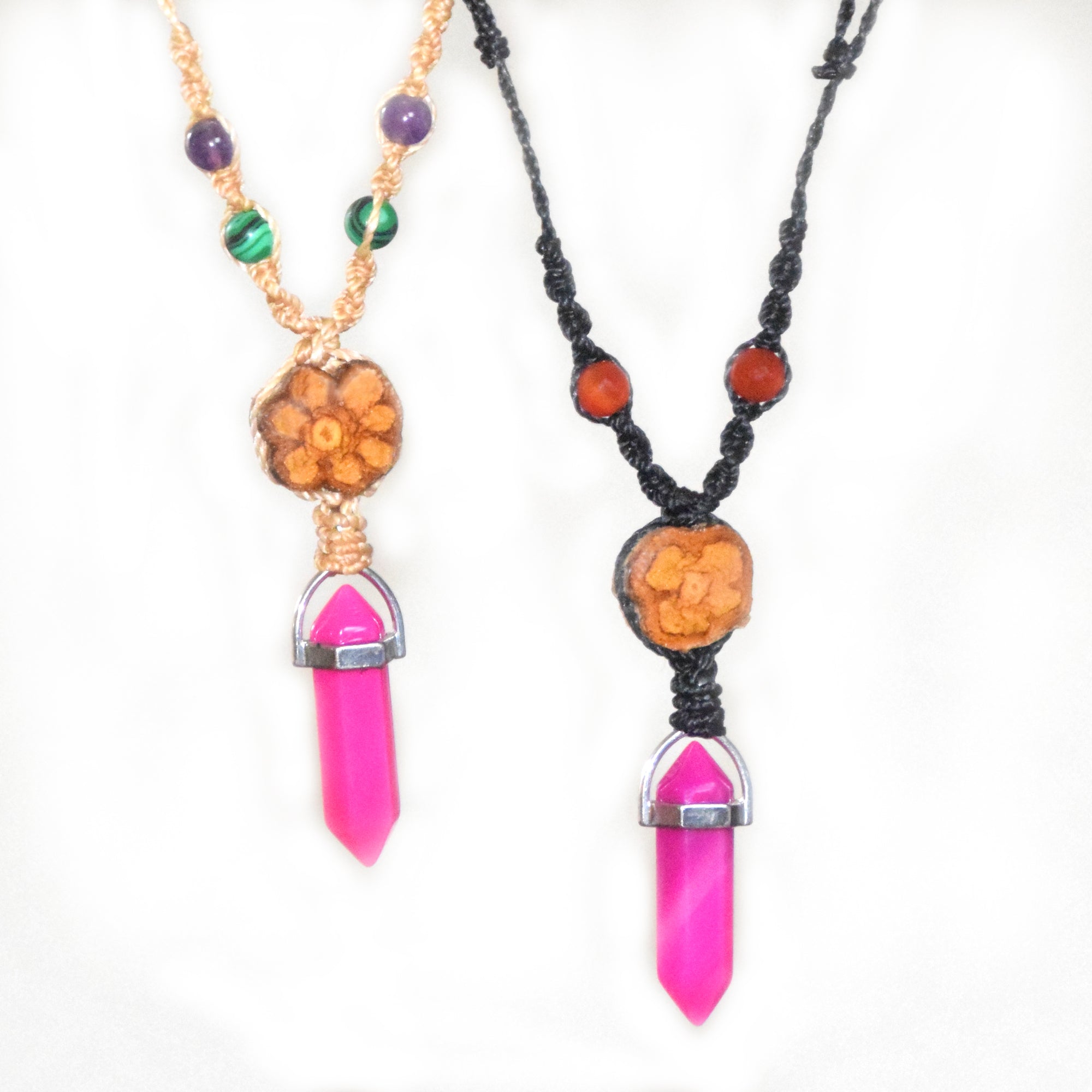 Ayahuasca vine and pink agate macrame necklace - Amazon Ecology