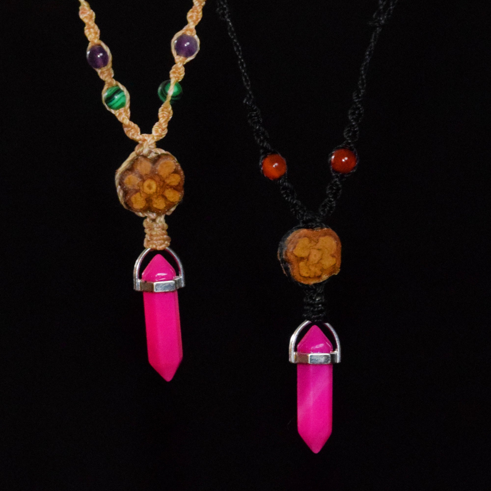 Ayahuasca vine and pink agate macrame necklace - Amazon Ecology