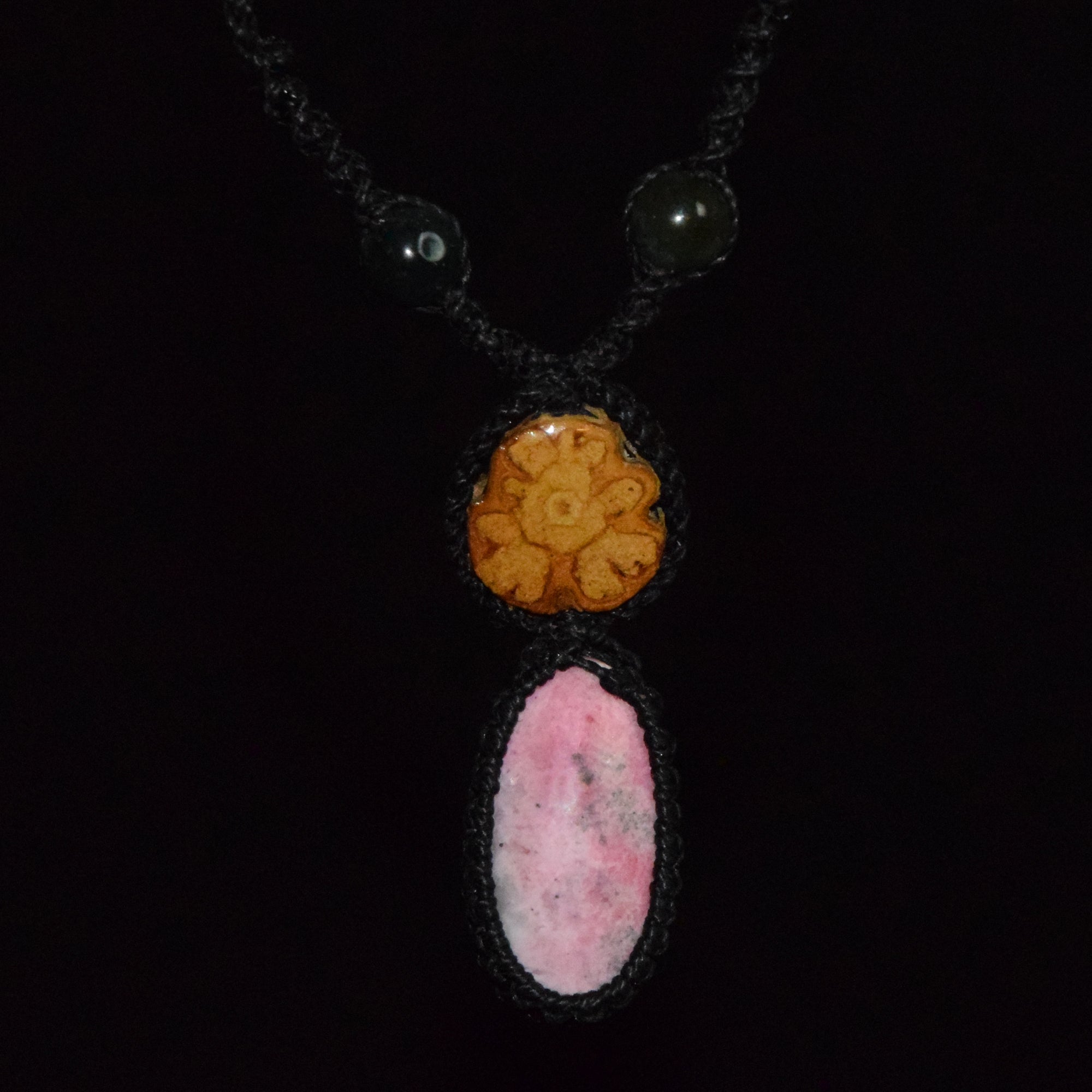 Ayahuasca vine and pink rhodocrosite macrame necklace - Amazon Ecology