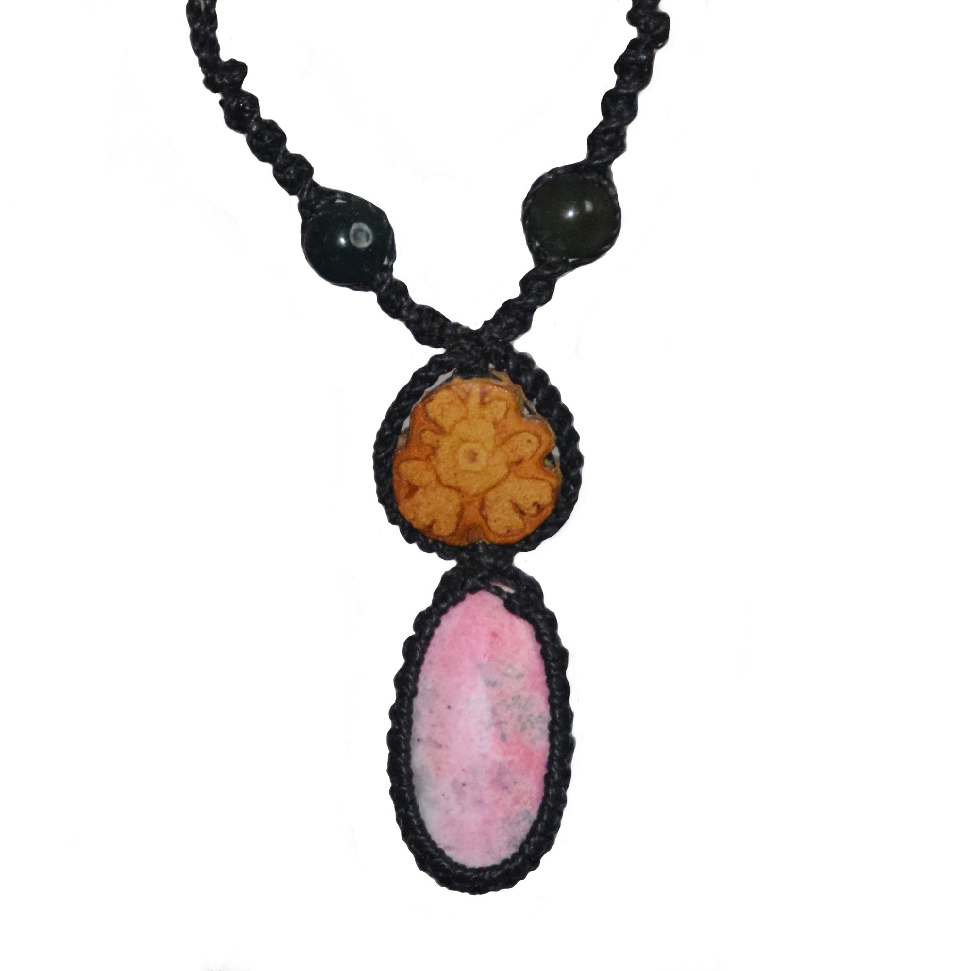 Ayahuasca vine and pink rhodocrosite macrame necklace - Amazon Ecology