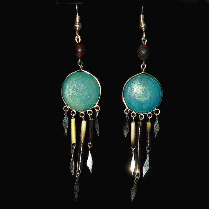 Tagua Palm Nut Disk Earrings with Quill Dangles - made by Peruvian Amazon artisan - Amazon Ecology