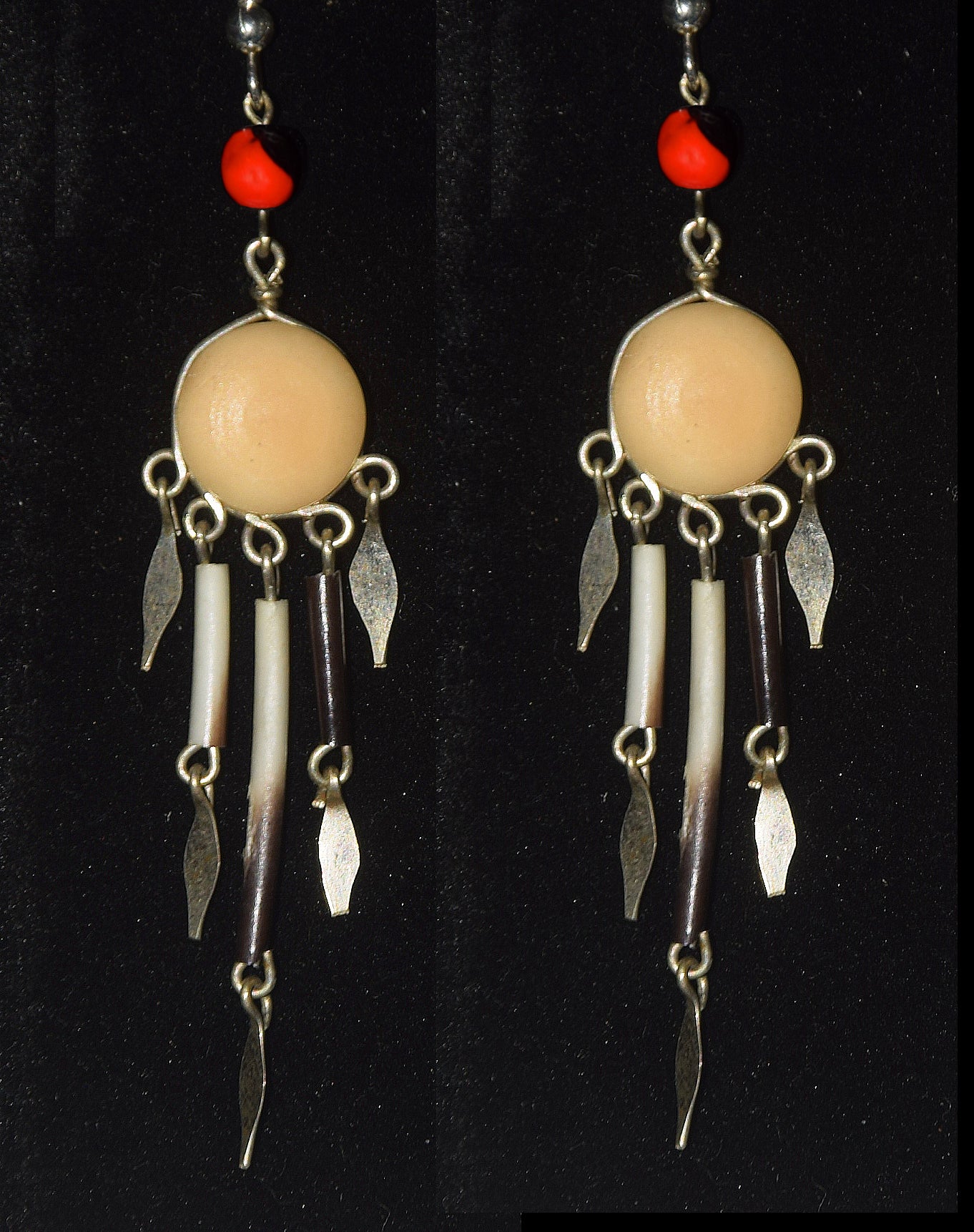 Tagua Palm Nut Disk Earrings with Quill Dangles - made by Peruvian Amazon artisan - Amazon Ecology