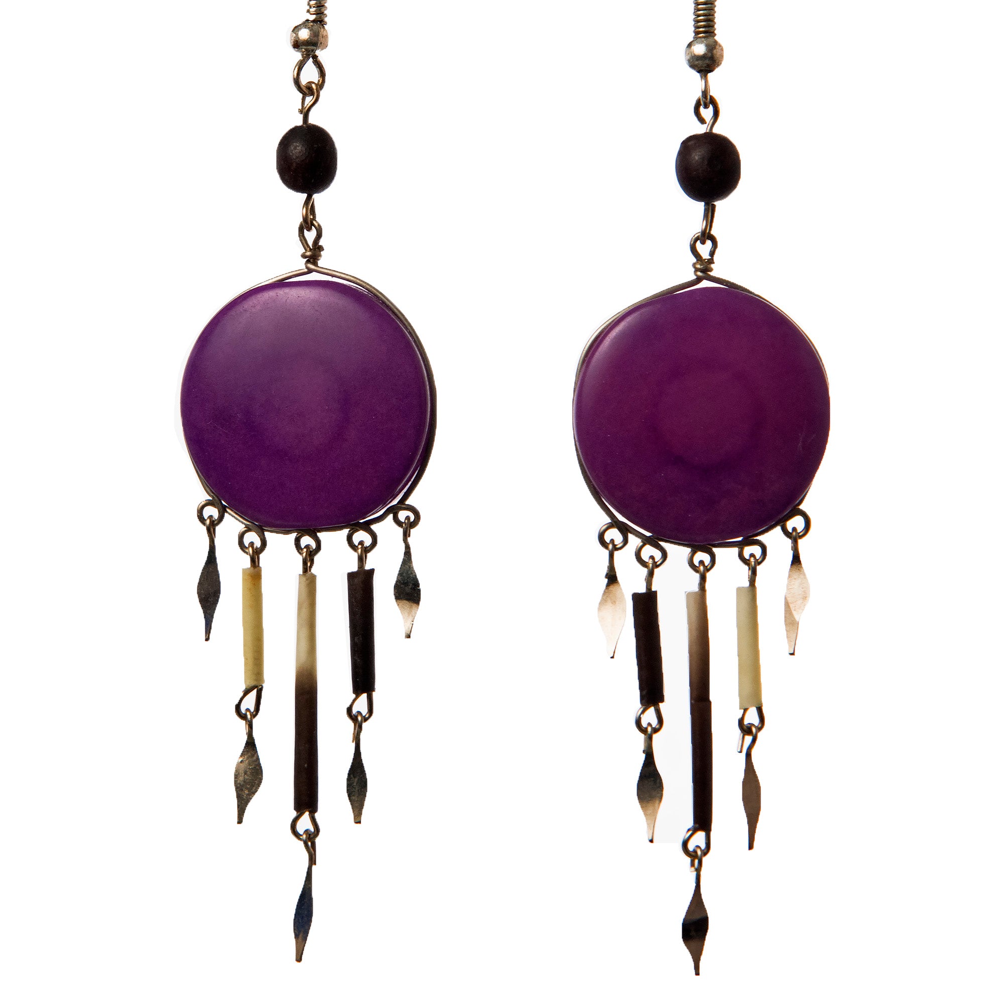 Tagua Palm Nut Disk Earrings with Quill Dangles - made by Peruvian Amazon artisan - Amazon Ecology