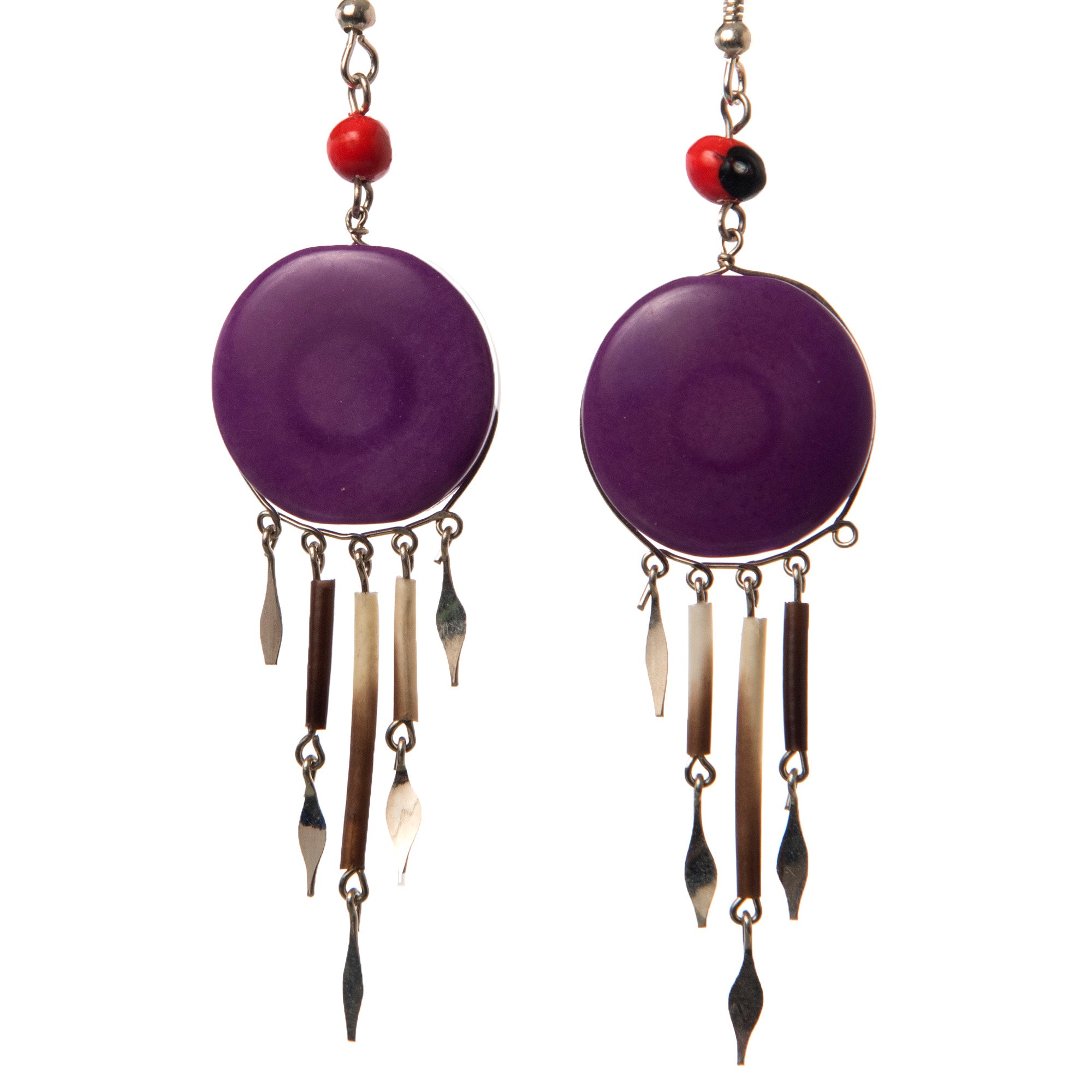 Tagua Palm Nut Disk Earrings with Quill Dangles - made by Peruvian Amazon artisan - Amazon Ecology
