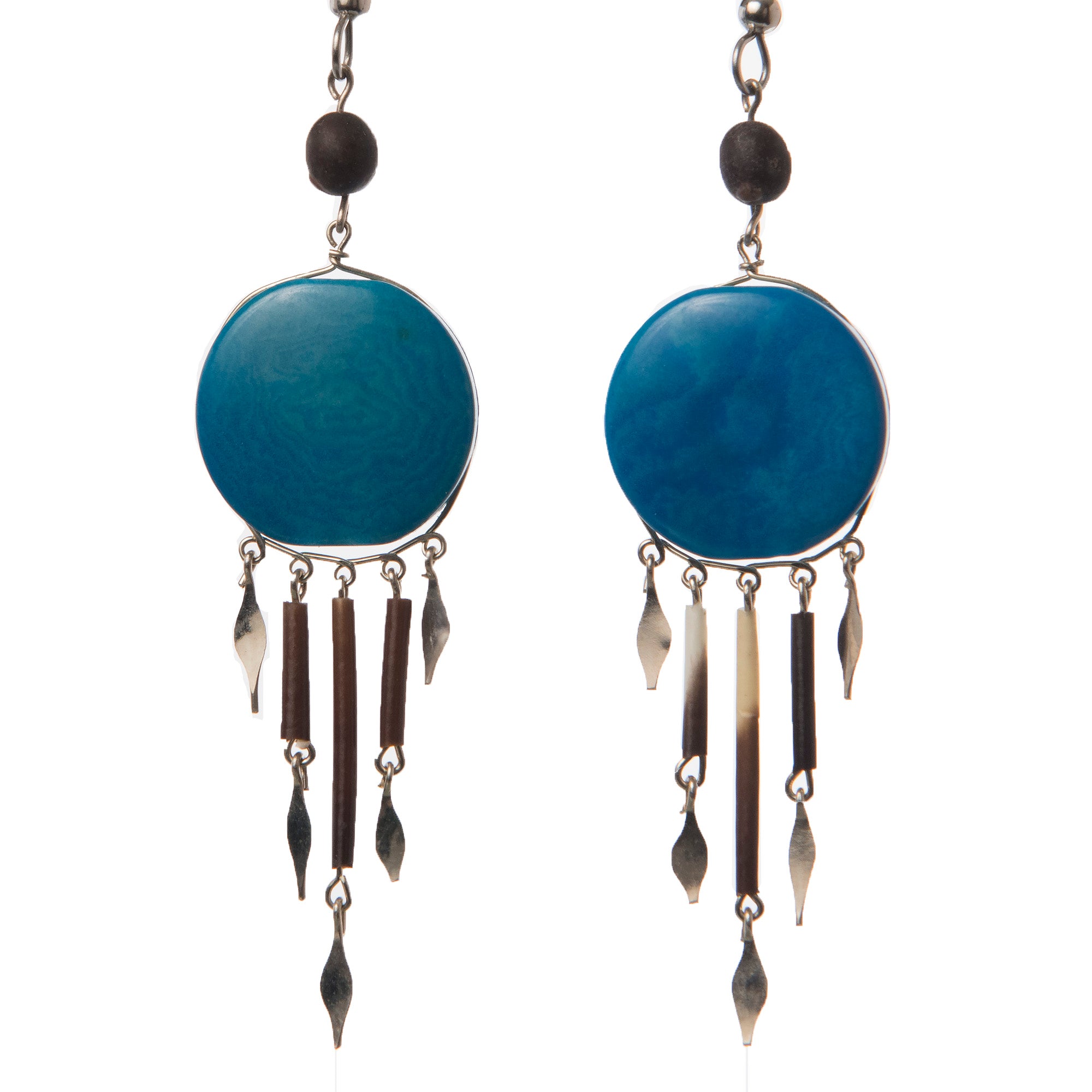 Tagua Palm Nut Disk Earrings with Quill Dangles - made by Peruvian Amazon artisan - Amazon Ecology