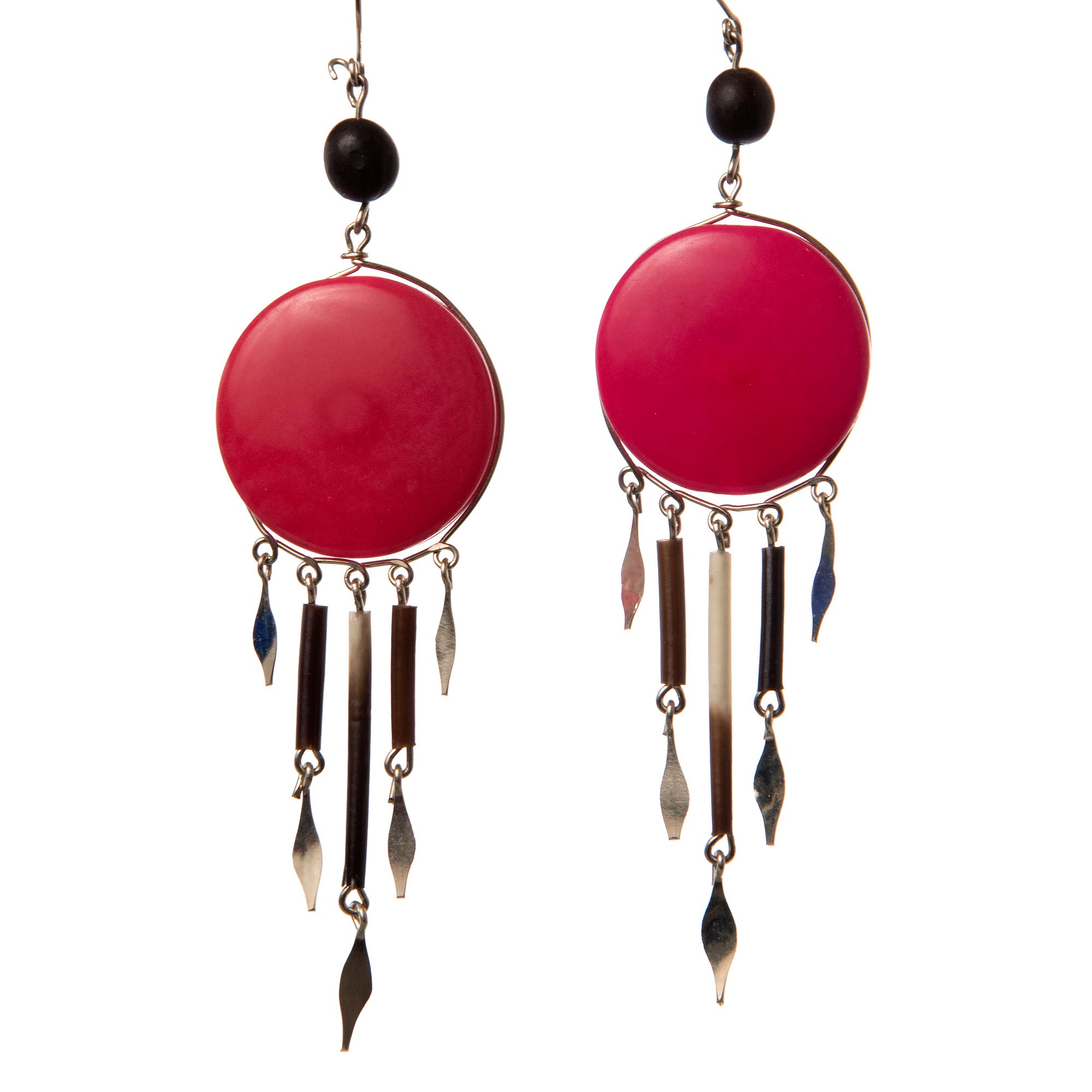 Tagua Palm Nut Disk Earrings with Quill Dangles - made by Peruvian Amazon artisan - Amazon Ecology