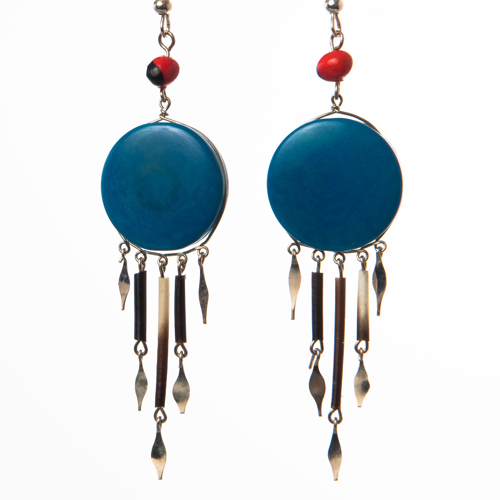 Tagua Palm Nut Disk Earrings with Quill Dangles - made by Peruvian Amazon artisan - Amazon Ecology
