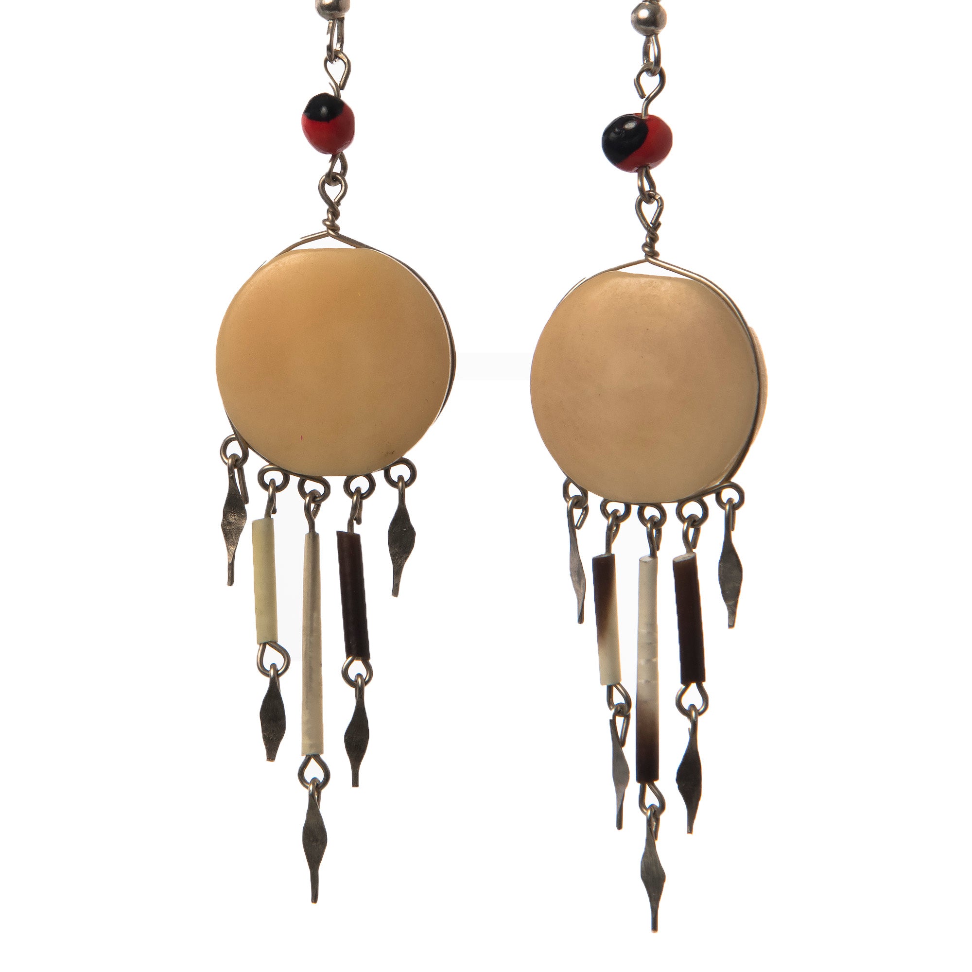 Tagua Palm Nut Disk Earrings with Quill Dangles - made by Peruvian Amazon artisan - Amazon Ecology