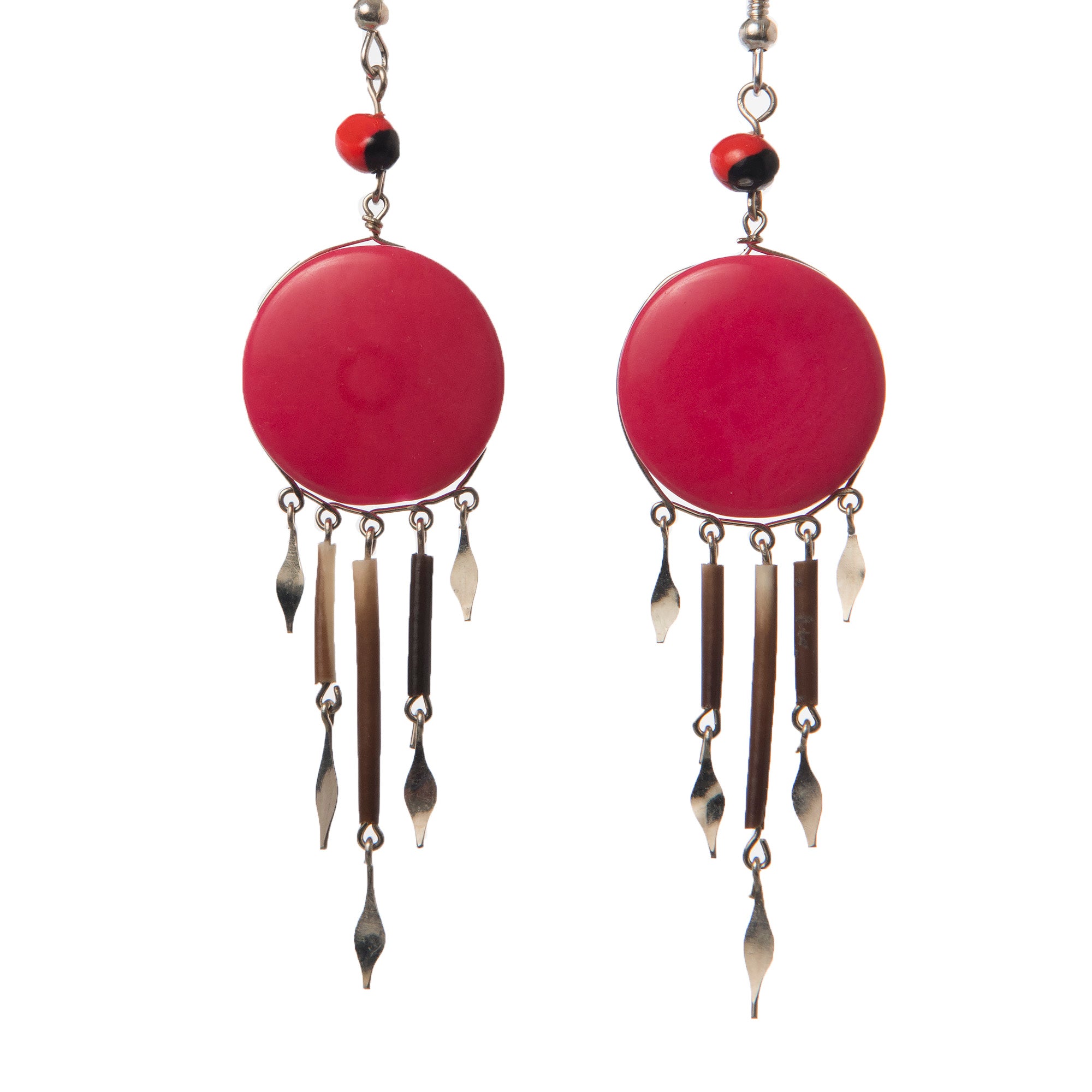Tagua Palm Nut Disk Earrings with Quill Dangles - made by Peruvian Amazon artisan - Amazon Ecology