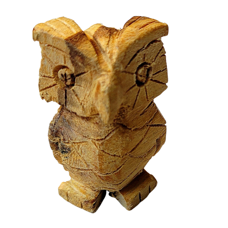 AROMATIC PALO SANTO WOOD OWL FIGURE - FAIR -TRADE - CARVED BY PERUVIAN AMAZON ARTISAN