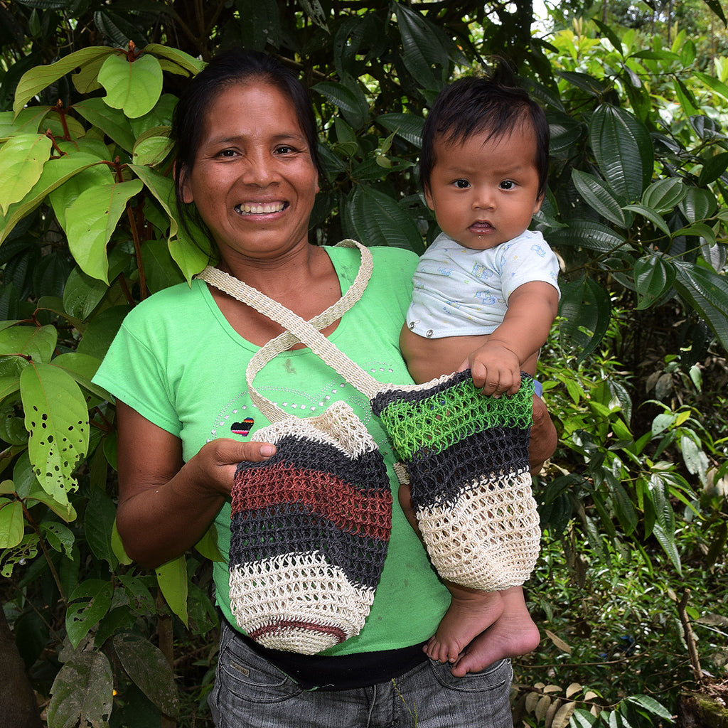Fair-Trade Bottle Carrier/Wine Tote with maroon and black bands (WCB138) - Amazon Ecology