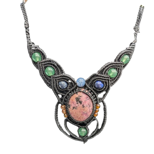 Pink jasper stone macrame necklace from the Peruvian Amazon