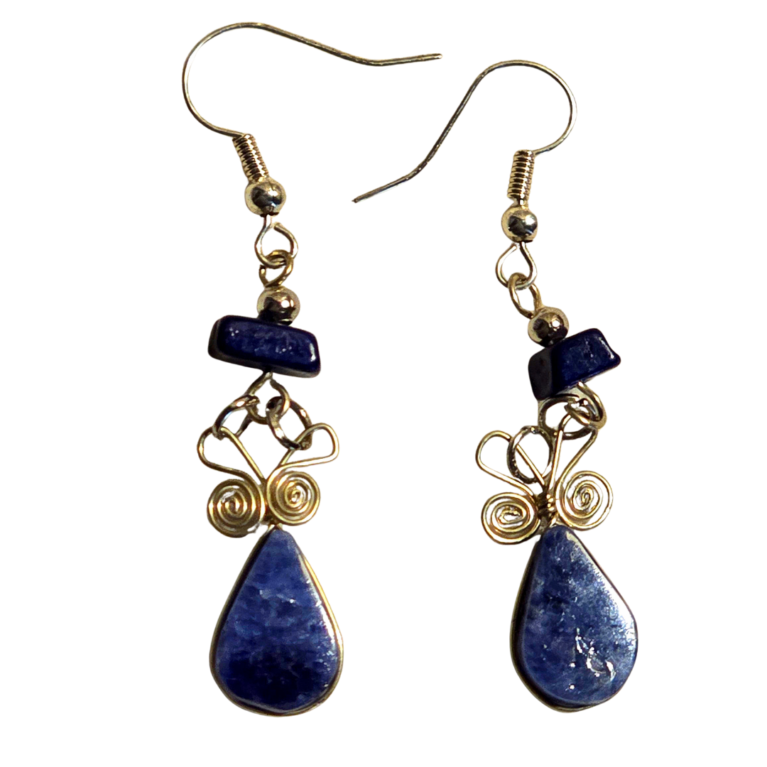 Sodalite teardrop stone and silver wire earrings - made by Peruvian Amazon artisan - Amazon Ecology