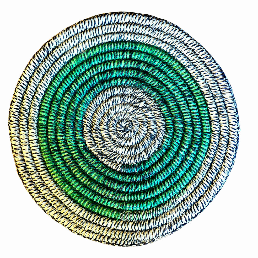 Woven hot pad (trivet) and center piece with blended green rings