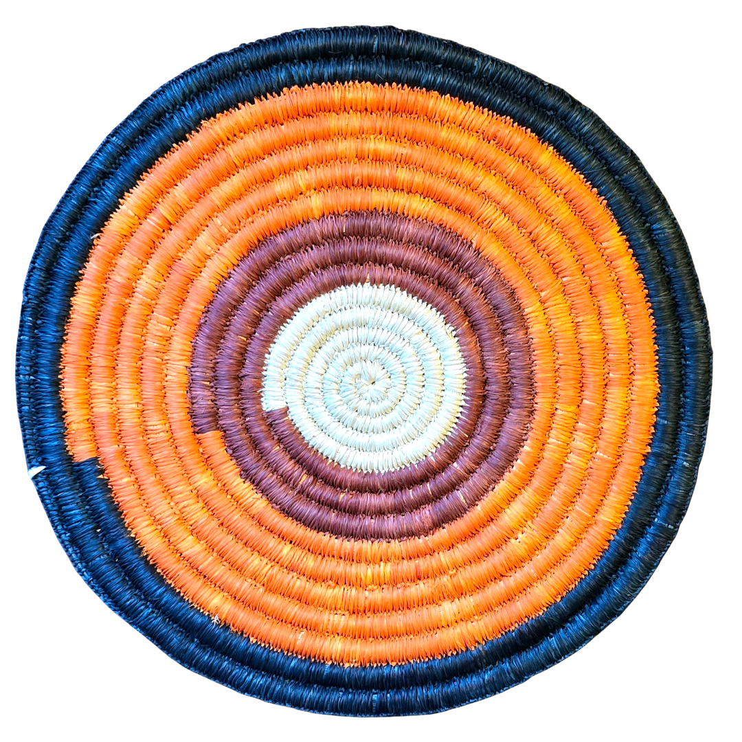 Woven hot pad (trivet) and center piece with earth-tone bands