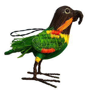 Orange cheeked parrot - woven bird ornament - handmade by a Peruvian Amazon artisan