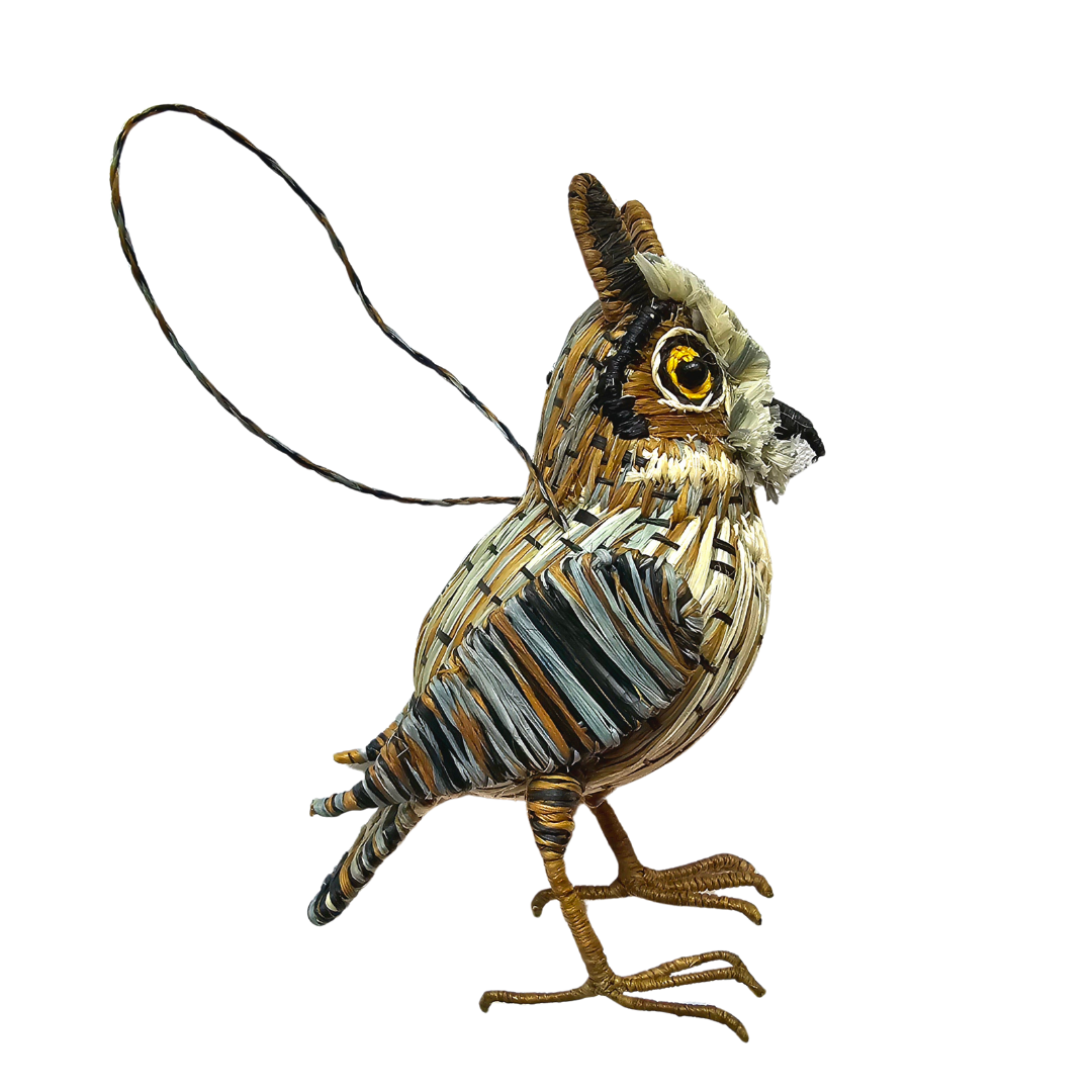 GREAT HORNED OWL BIRD FAIR -TRADE ORNAMENT AND DECORATION- WOVEN BY PERUVIAN AMAZON ARTISAN