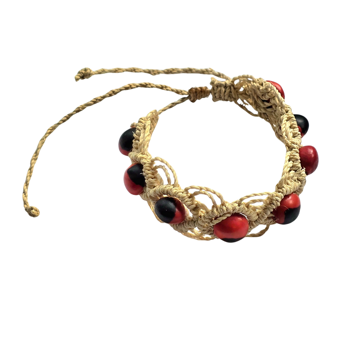 Huayruru and chambira palm fiber macrame bracelets - made by Peruvian Amazon native artisans