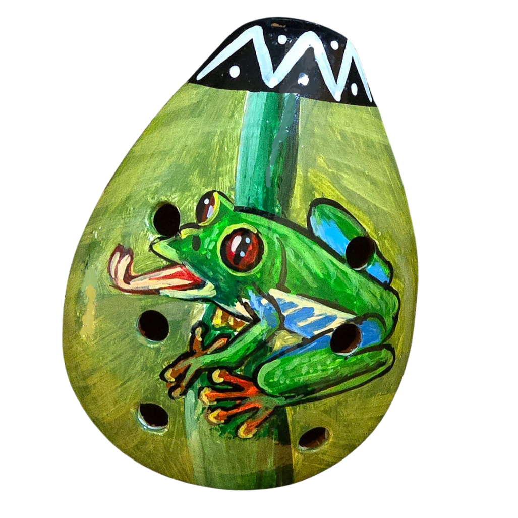 Ocarina ceramic whistle with painted wildlife figures - made by a Peruvian Amazon artisan