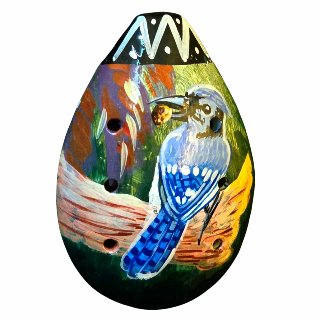 Ocarina ceramic whistle with painted wildlife figures - made by a Peruvian Amazon artisan