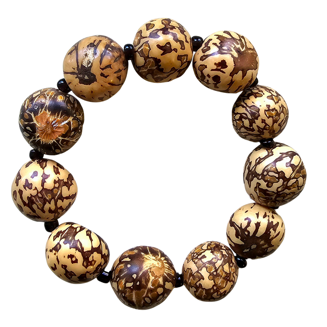 Polished ungurahui and cerebro palm seed bracelets made by Peruvian Amazon artisan