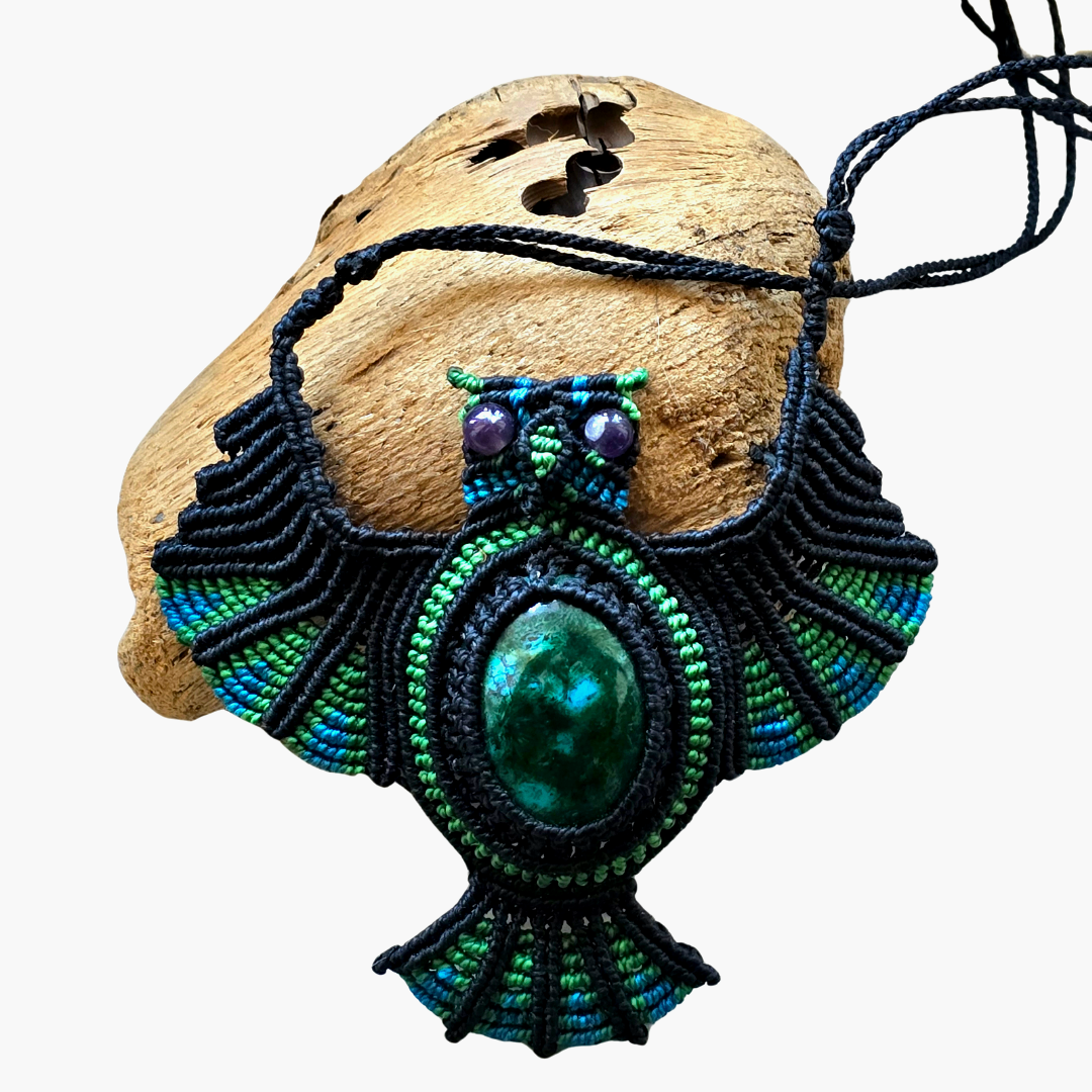 Chrysocolla stone macrame owl necklace from the Peruvian Amazon