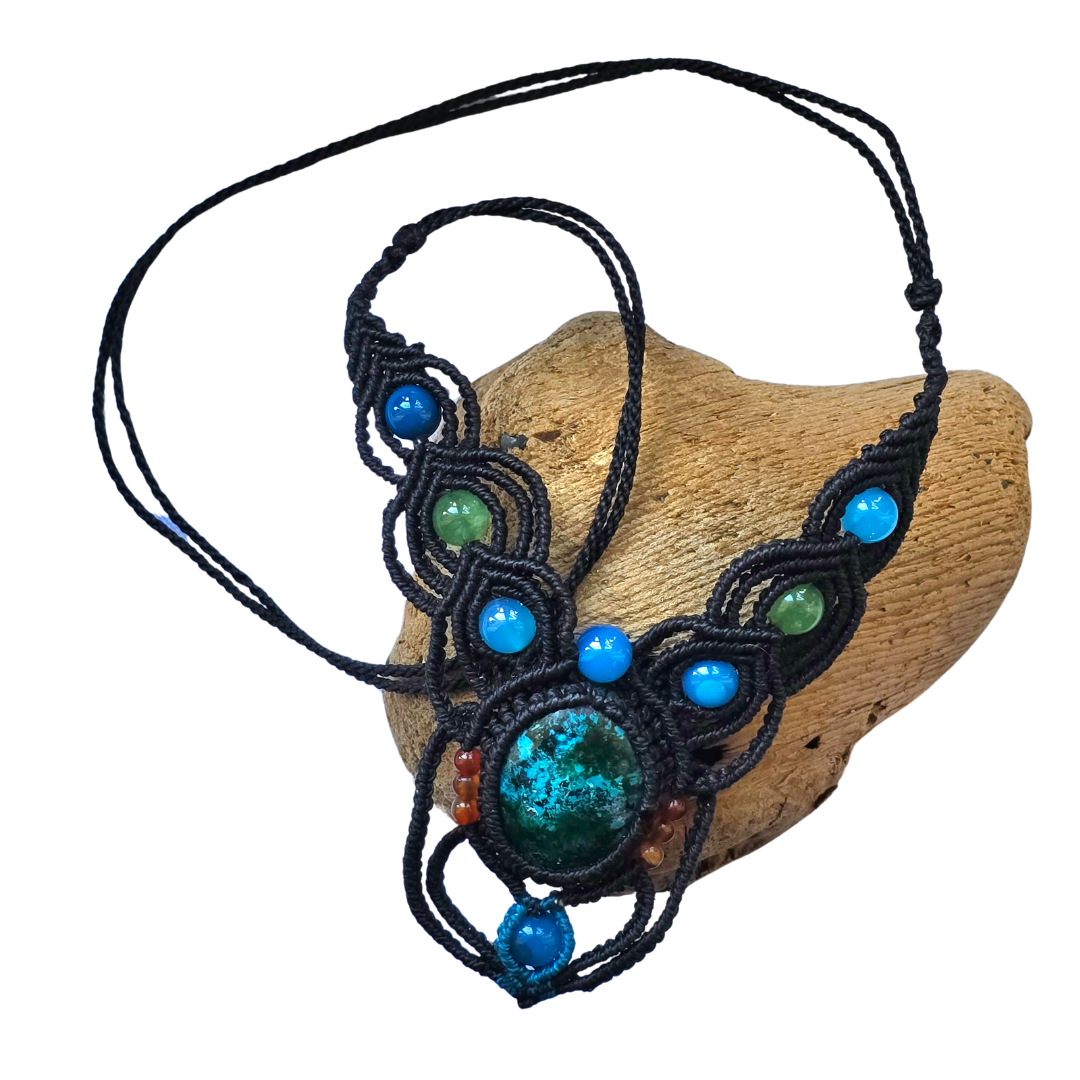 Chrysocolla turquoise stone macrame necklace from the Peruvian Amazon