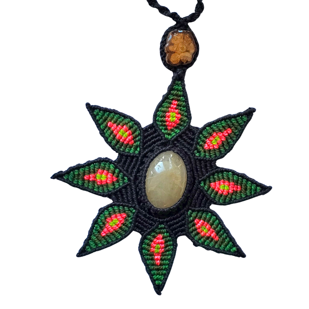 Quartz and ayahuasca vine macrame star necklace from the Peruvian Amazon