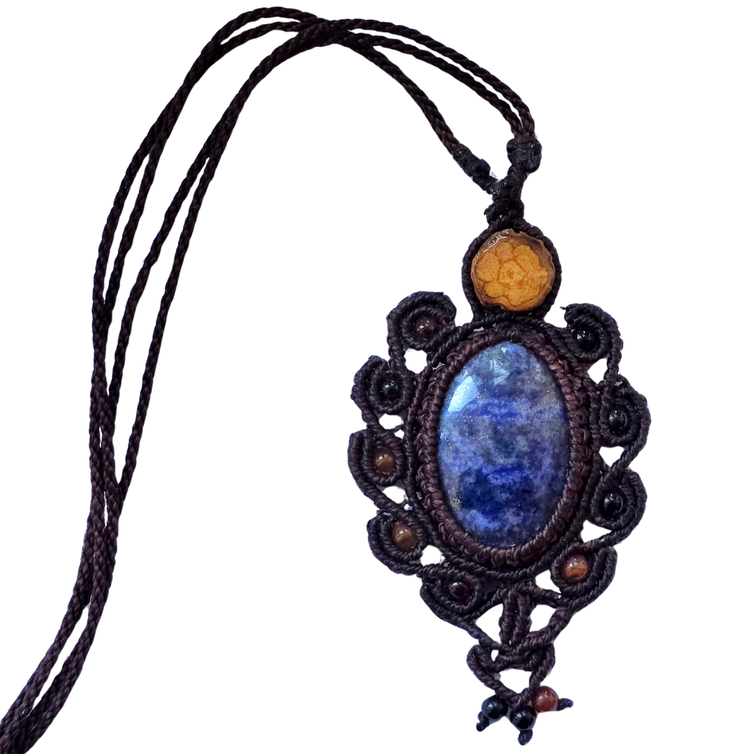 Fancy sodalite and ayahuasca vine macrame necklace from the Peruvian Amazon