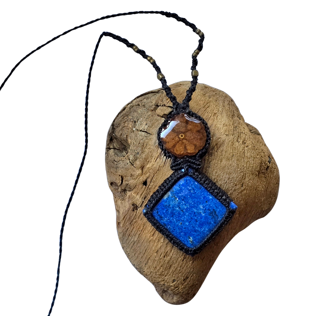 Lapis lazuli and ayahuasca vine macrame necklace from the Peruvian Amazon