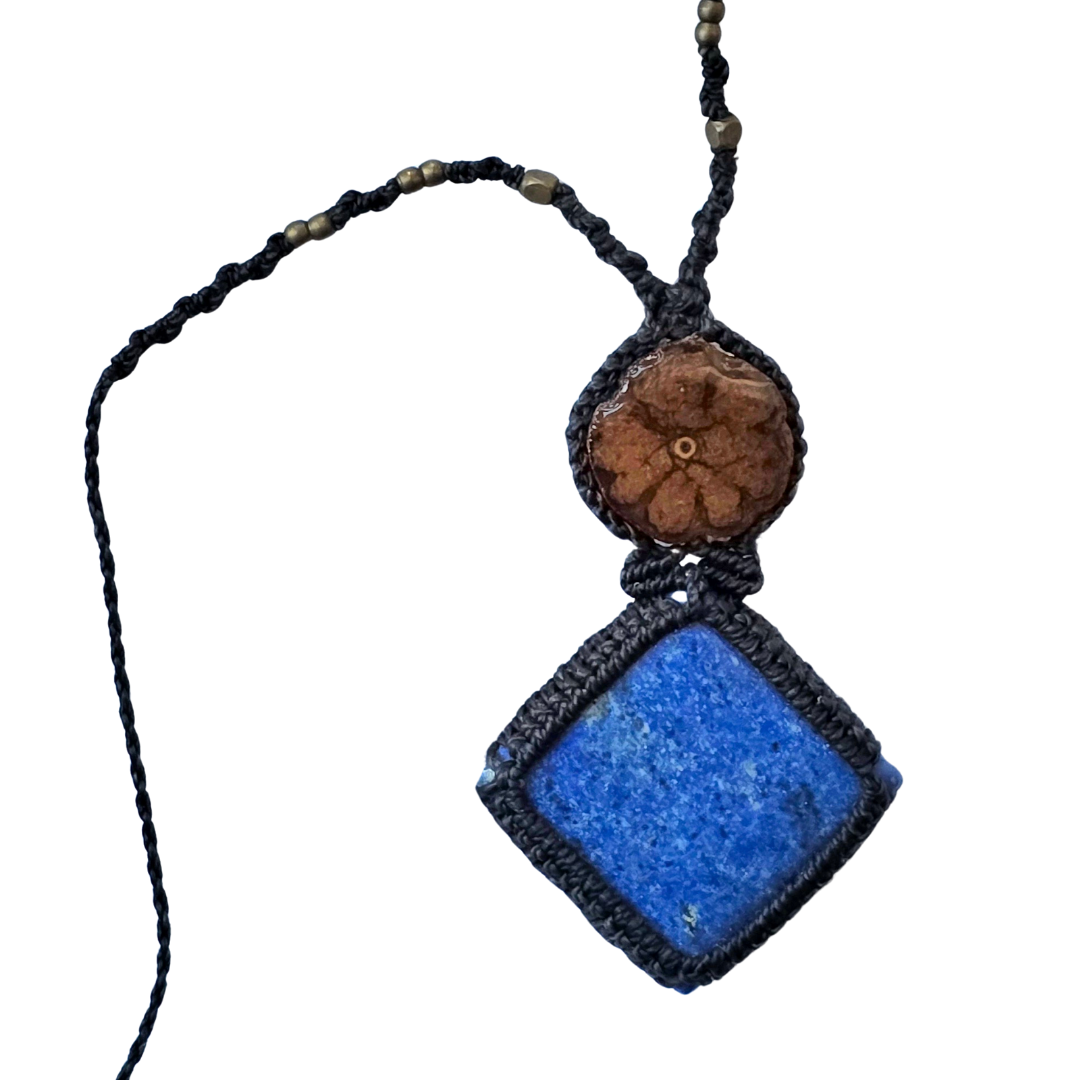 Lapis lazuli and ayahuasca vine macrame necklace from the Peruvian Amazon