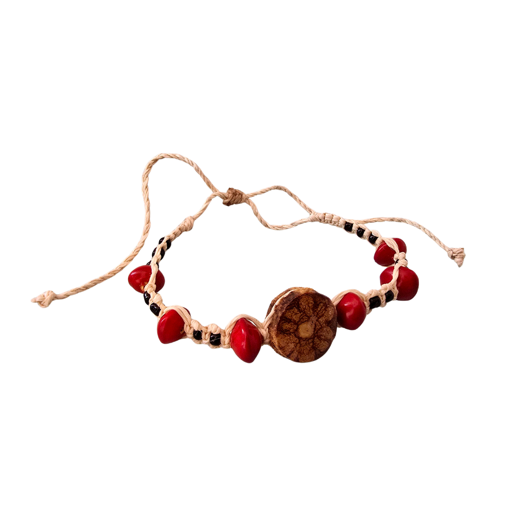 Huayruru, wood piece and chambira palm fiber macrame bracelets - made by Peruvian Amazon native artisans