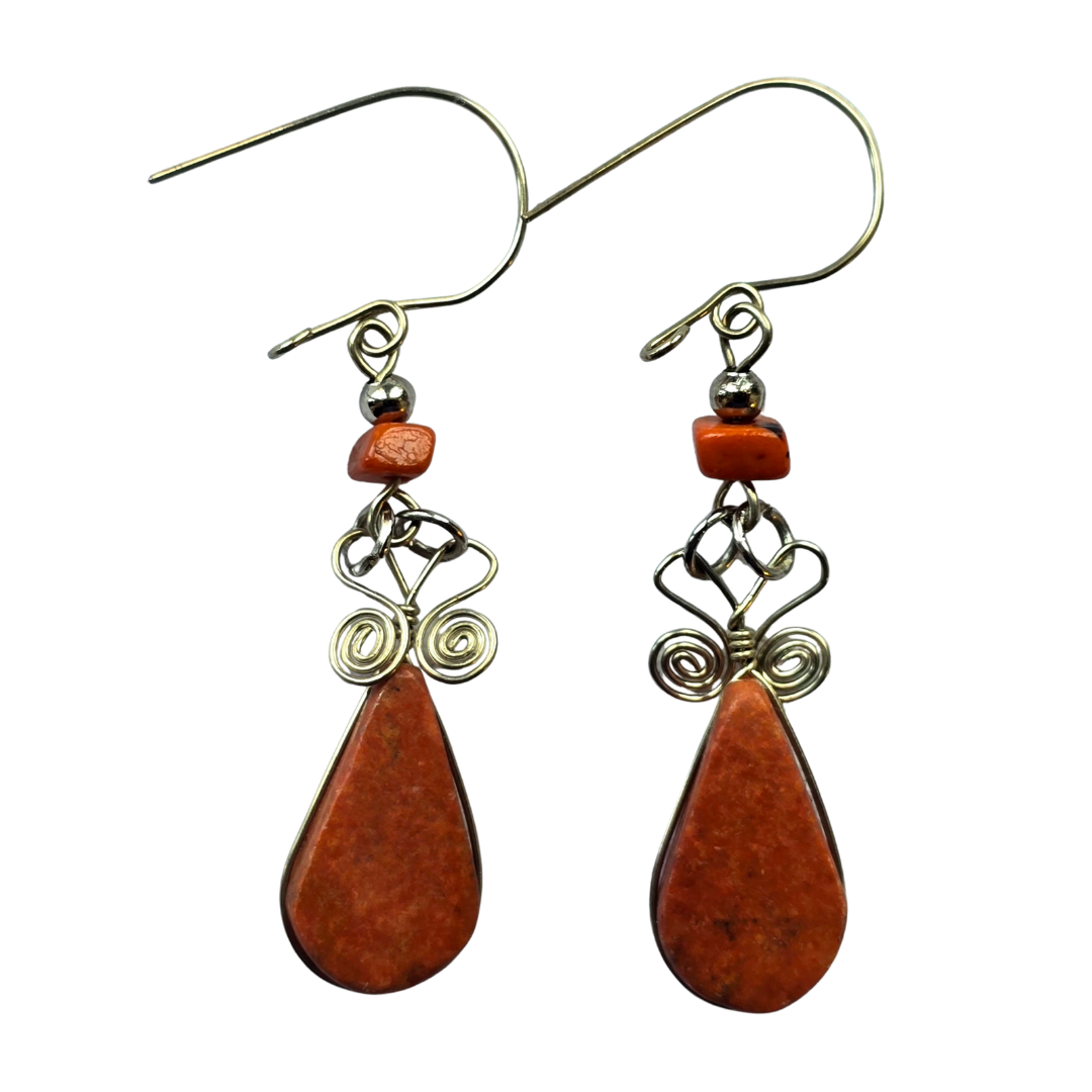 Brown Jasper teardrop stone and silver wire earrings - Made by Peruvian Amazon Artisan - Amazon Ecology