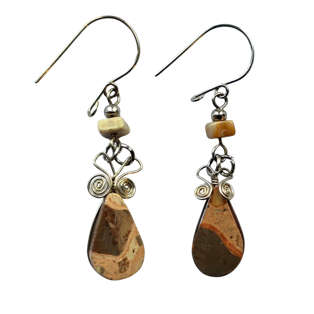 Leopard Jasper teardrop stone and silver wire earrings - from the Peruvian Amazon - Amazon Ecology
