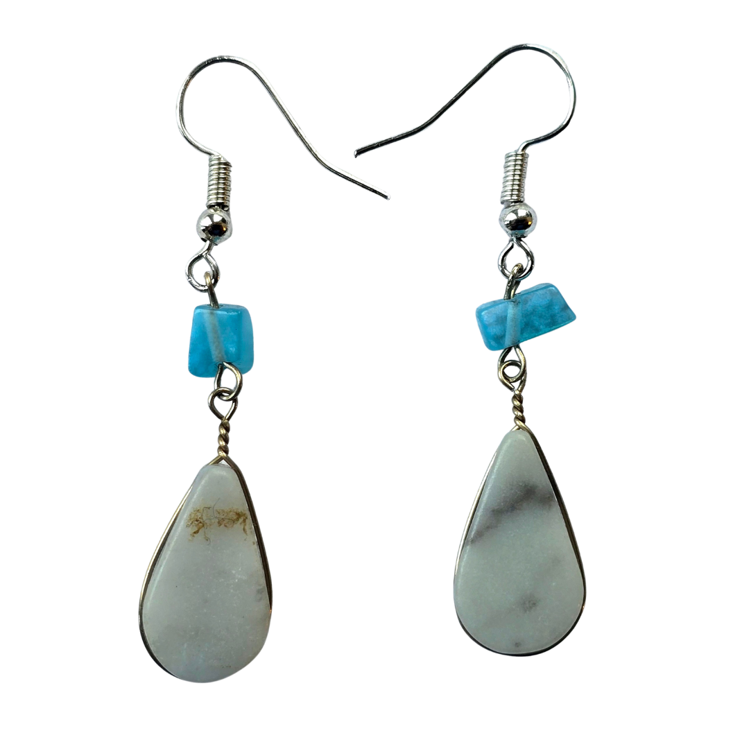 Celestine teardrop stone and silver wire earrings - made by Peruvian Amazon artisan - Amazon Ecology