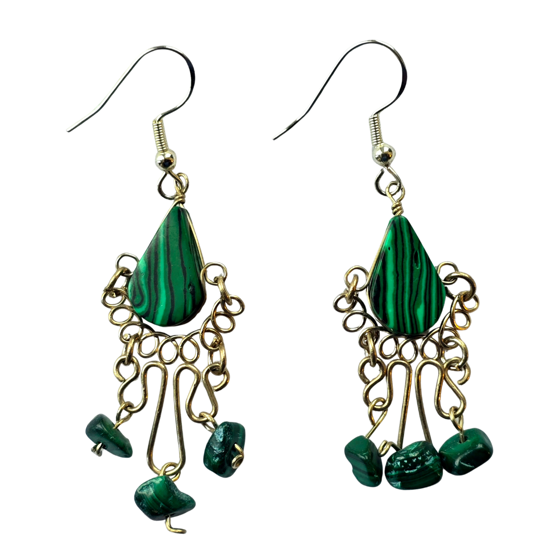 Malaquite teardrop stone and silver wire earrings - from the Peruvian Amazon - Amazon Ecology