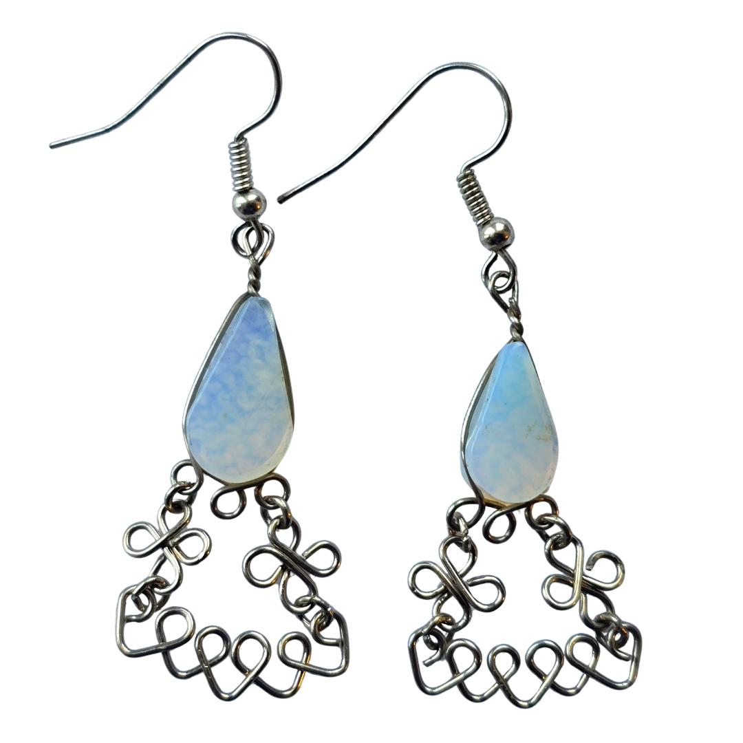 Opalite teardrop stone and silver wire earrings - made by Peruvian Amazon artisan